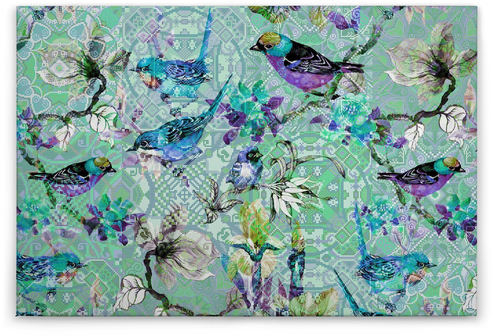 Leinwandbild 3, St), Blumen Vögel Vögel Bild Floral A.S. Keilrahmen mosaic Création Mosaik birds (1