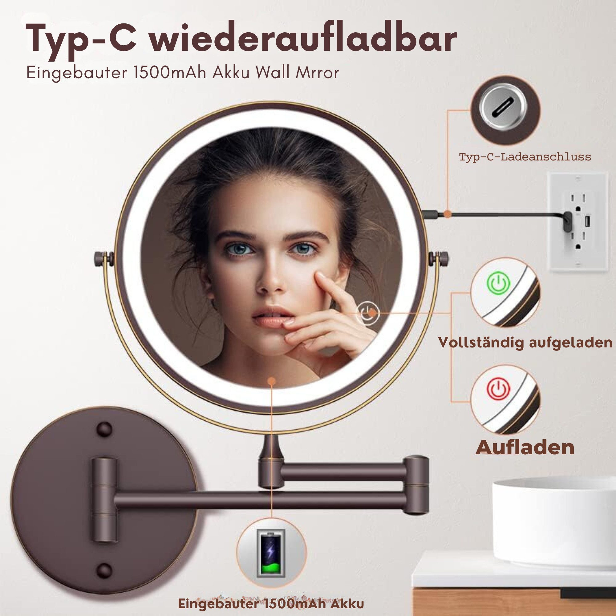 Vivitar LED-Lichtspiegel Wiederaufladbarer beleuchteter Badezimmerspiegel, günstig online kaufen