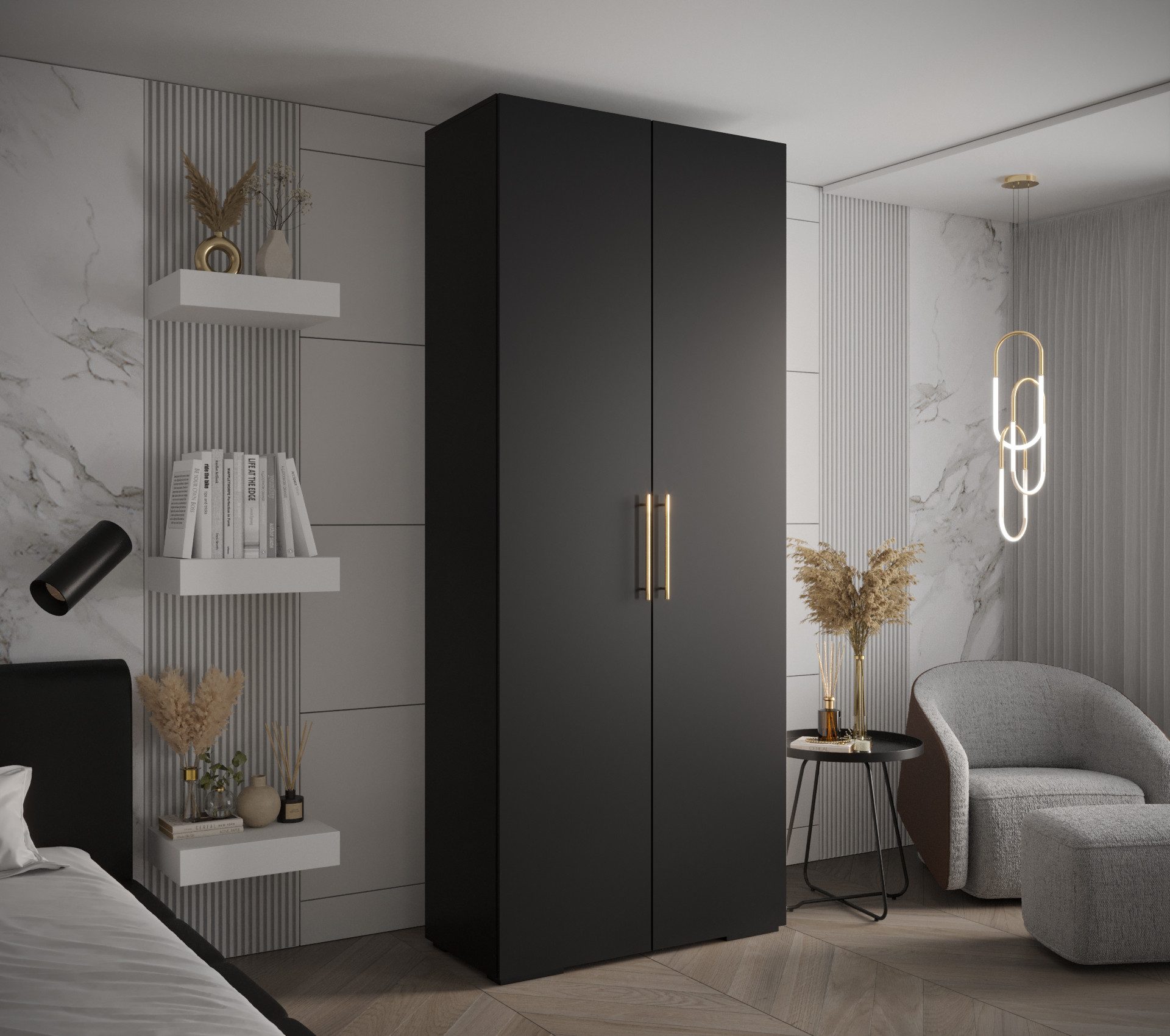 MOEBLO Schrankmodule IVONA 3 (goldene Griffe, elegante Garderobe, glamouröser Stil, Schrank Garderobe Schiebtüren Schlafzimmer, Modularer Kleiderschrank)