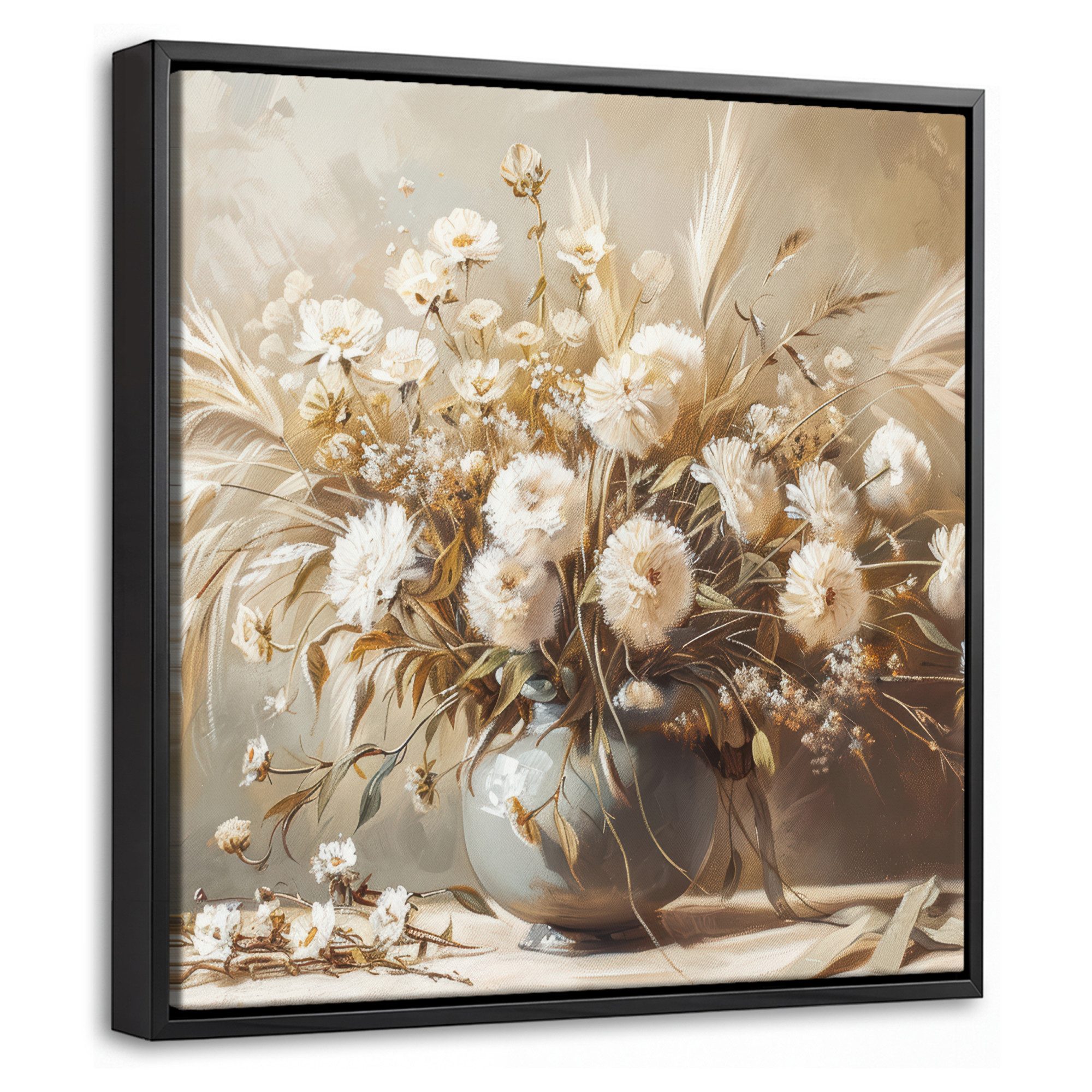 OneMillionCanvasses® Leinwandbild mit Rahmen - Blumen - Vase - Stilleben - Beige, Fotodruck (1 St), Leinwand Bilder Klein, Wand Dekoration Aesthetic 20x20cm