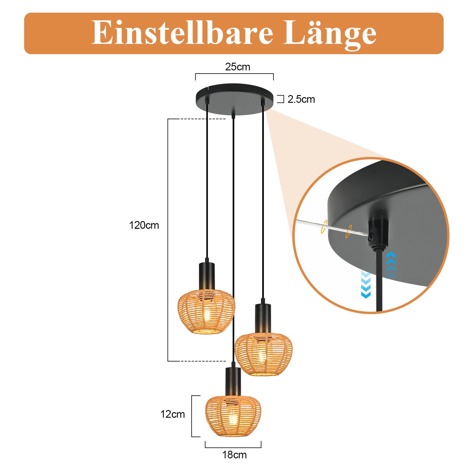 Nettlife Pendelleuchte Retro Boho Schwarz Hängelampe aus Rattan 1/3 flammige E27, Höhenverstellbar, ohne Leuchtmittel, ob Schlafzimmer Flur Esszimmer Dachboden Küche
