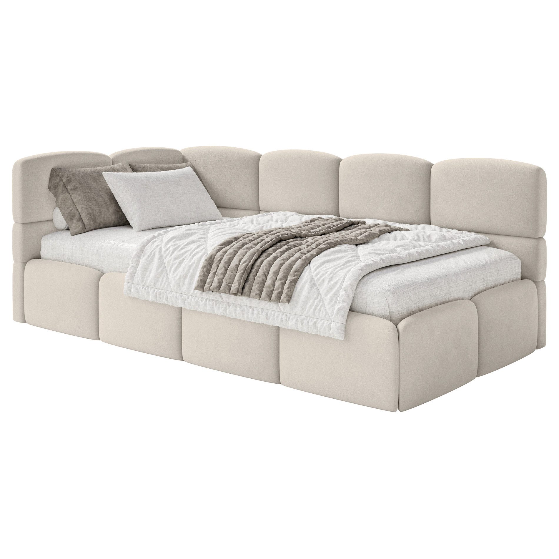 Selsey Jugendbett CLOUDY, mit Eck-Kopfteil, Lattenrost, Bettkasten und Easy-Clean-Samt, 120 cm
