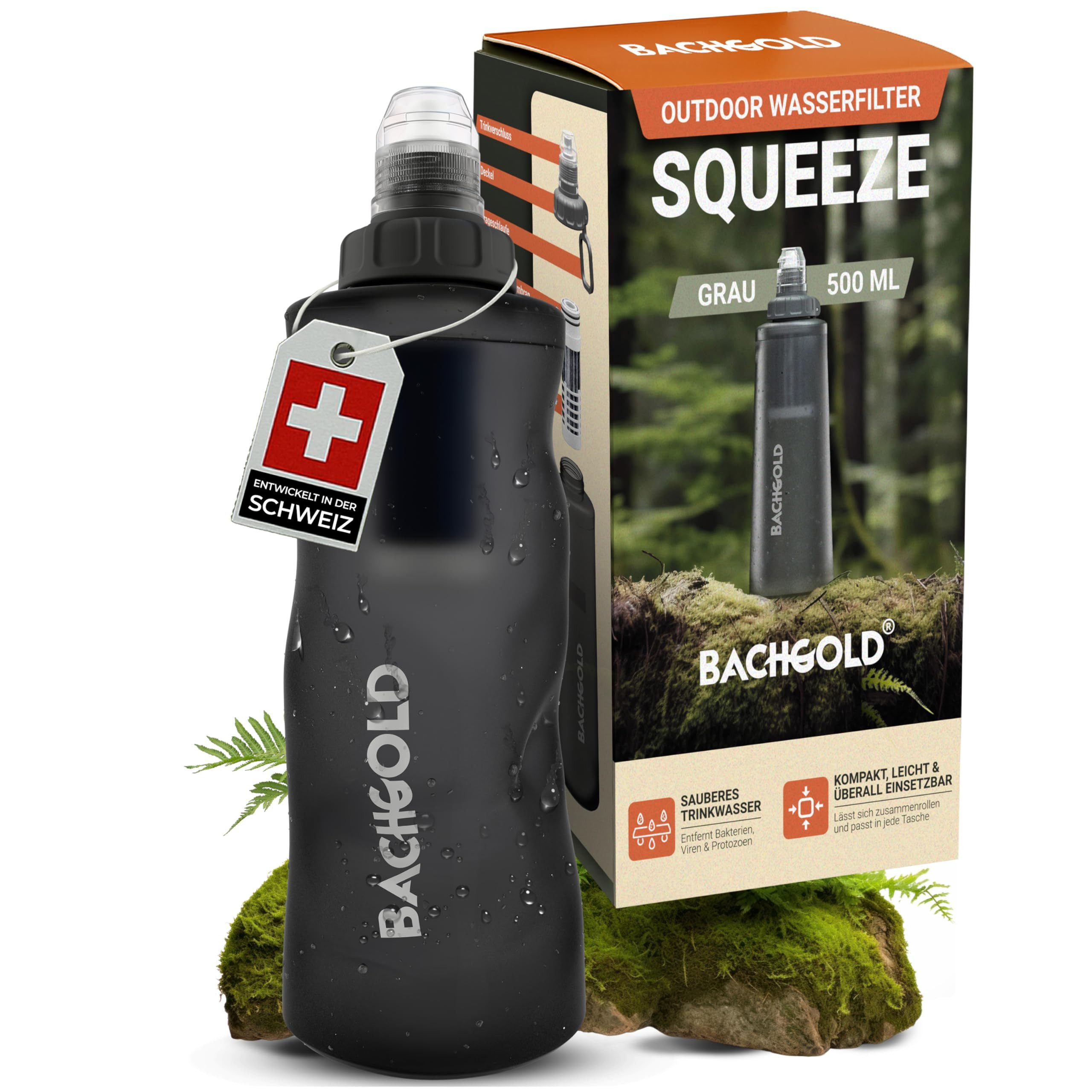 BACHGOLD Wasserfilter Outdoor Squeeze - Ultraleichter Trinkwasserfilter mit Virus-Filtration, Zubehör für Camping, Survival, Notfall, Bushcraft, Filtert Viren, Bakterien & Mikroplastik