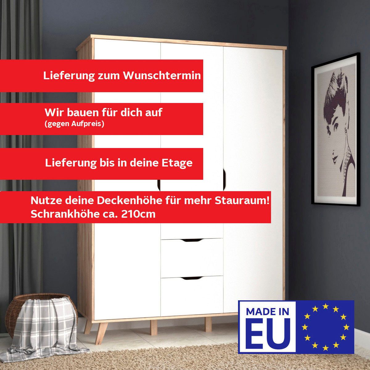 FORTE Drehtürenschrank Vankka skandinavischer-Stil, viel Stauraum, ohne Griffe (B/H/T ca.140x200x52cm) Made in Europe,mit Einlegeböden+Kleiderstange+Schubladen, – Bild 4 von 5