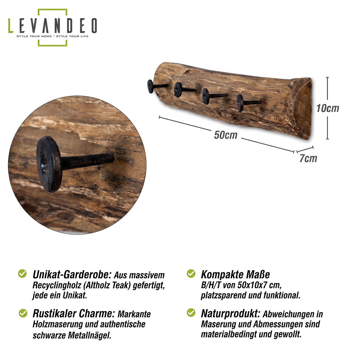 Levandeo® Garderobe, Garderobe Teak Holz 4 Haken L50cm Hakenleiste Recyclingholz Wanddeko