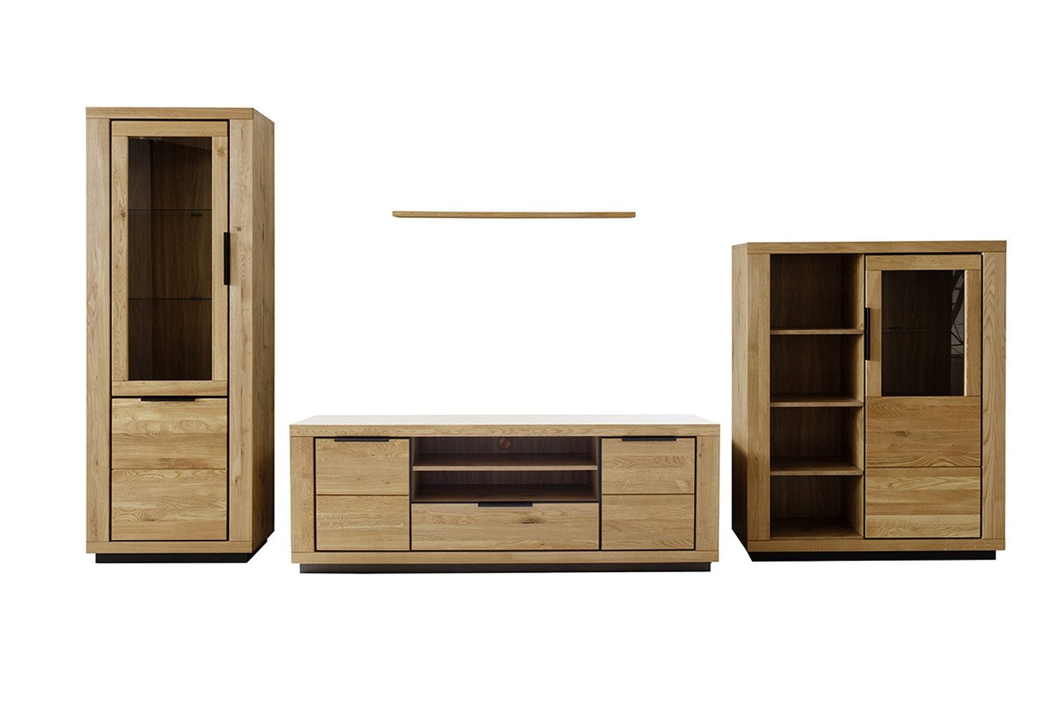 freiraum Wohnwand GRENO, in natur geölt, Wildeiche teilmassiv - 407x200x54cm (BxHxT)