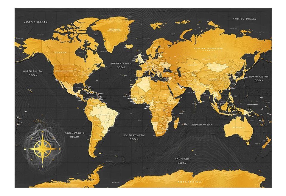 m, World Design Map: 1x0.7 Vliestapete KUNSTLOFT halb-matt, lichtbeständige Golden Tapete