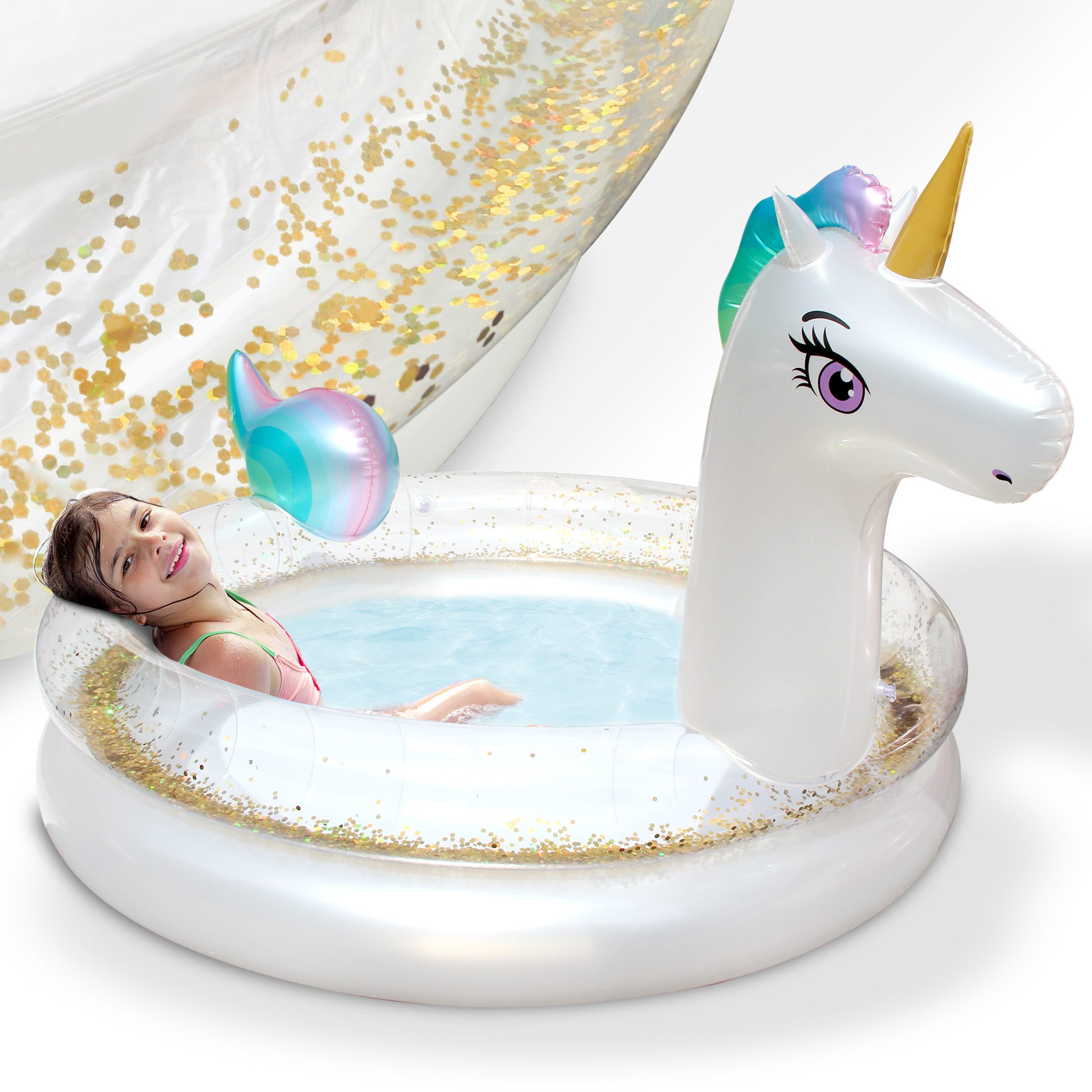 Onbest Planschbecken Einhorn aufblasbar mit Flickset, 2 Luftringe, Goldenes Glitzer, hautfreundliches PVC