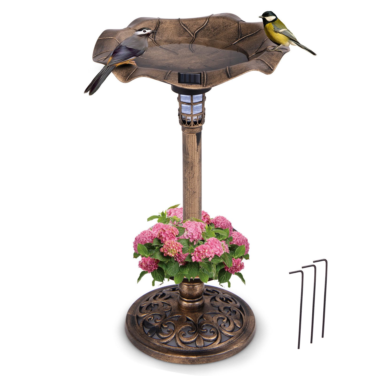 COSTWAY Vogeltränke, Futterspender, mit Solarleuchte, Blumentopf, Ø43x76cm günstig online kaufen