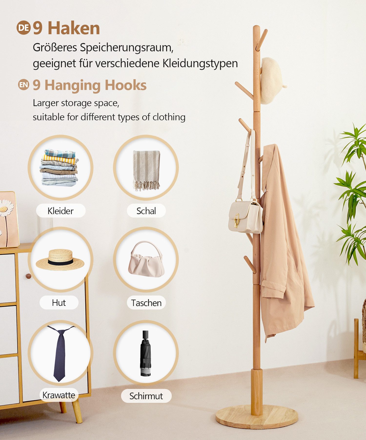 Yorbay Garderobenständer aus Buche Massivholz, Kleiderständer Baumform mit 9 Haken, 38 x 179 cm, Verstellbar Garderobenständer für Jacken, Hüte, Taschen, Natural