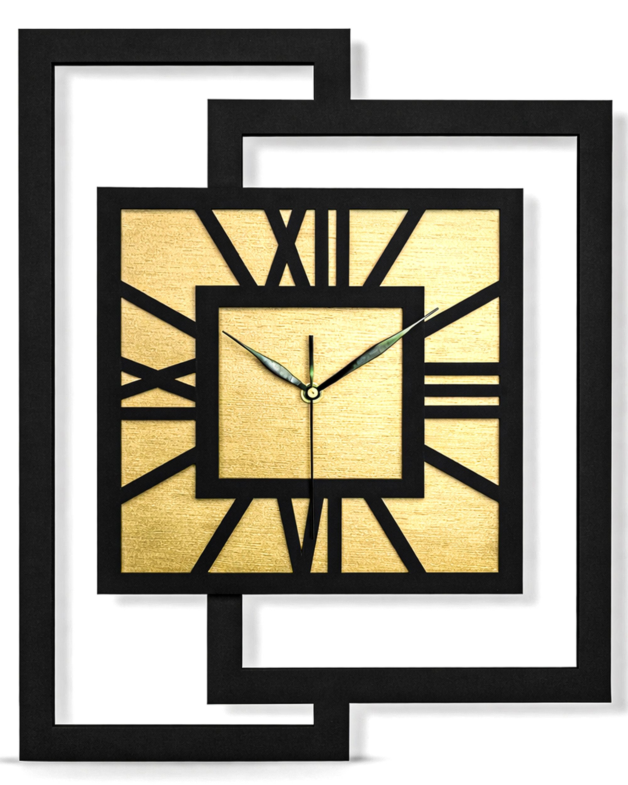 ORNAMENTI Wanduhr Große handgefertigte, moderne, aus Holz, Hingucker, 44 x 56 cm, Gold (Rechteckig vertikal ohne Tickgeräusche für Wohnzimmer lesbare Ziffern)