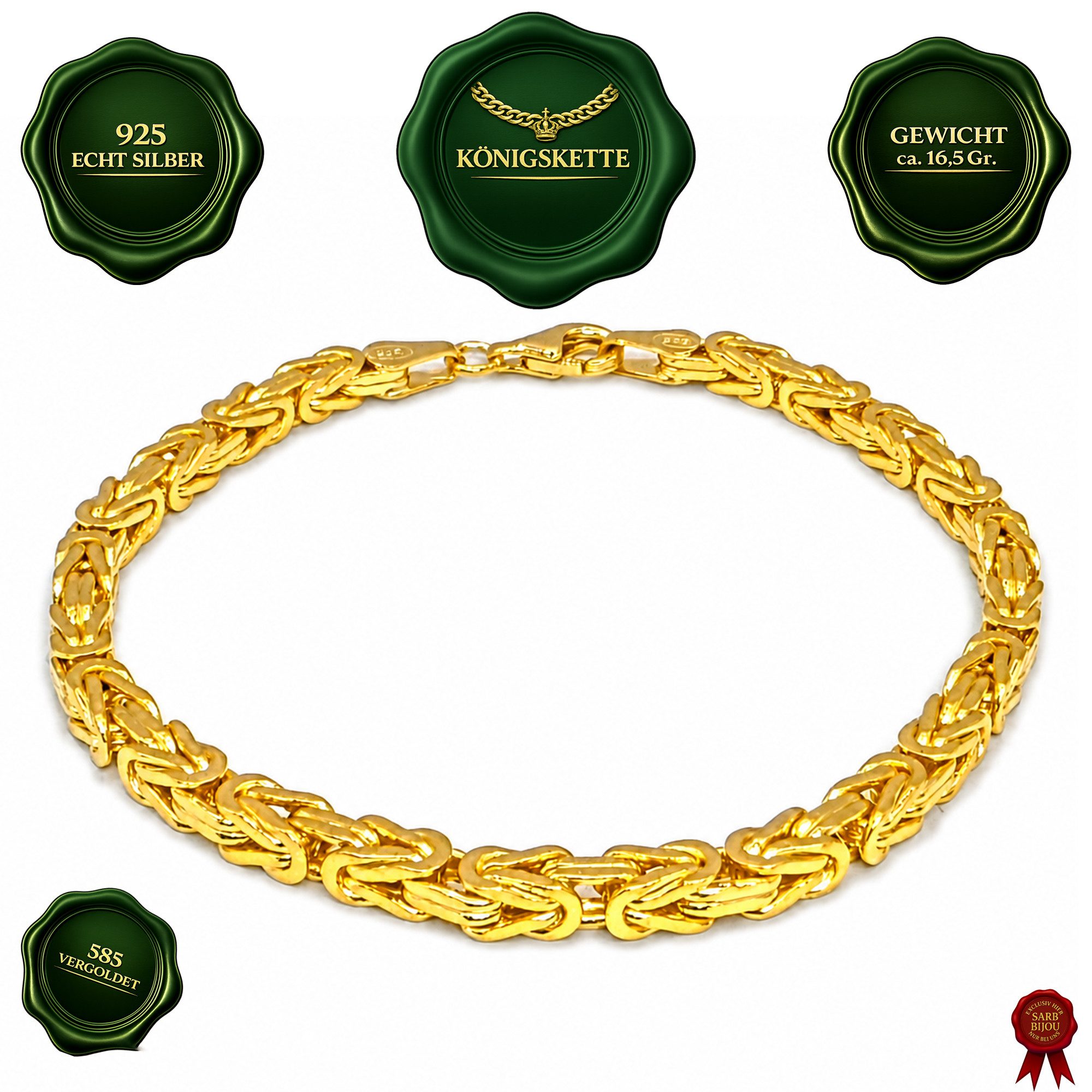M-Punkt24 Königsarmband Königskette Silber 925 (Königskette Länge 20,5 cm Durchmesser 58 mm 17 Gramm 585 vergoldet, Königsarmband, Damen, Partner-Armband, Herren, Unisex), Silberschmuck aus 925 Echt Silber