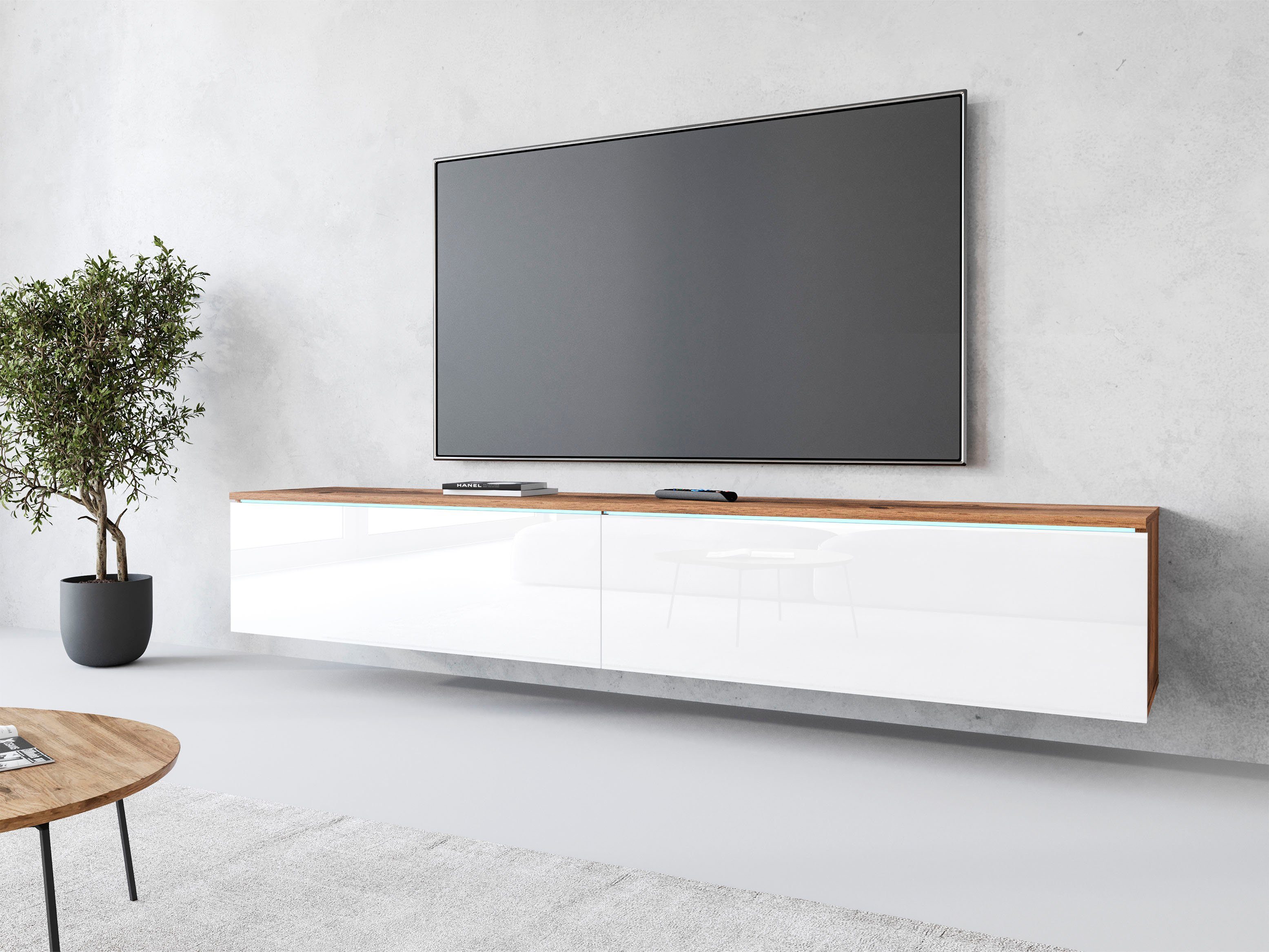 Home affaire Lowboard LOWBOARD VERA, wahlweise mit oder ohne Beleuchtung, Modernes griffloses TV-Board, 180 cm TV-Schrank, stehend und hängend
