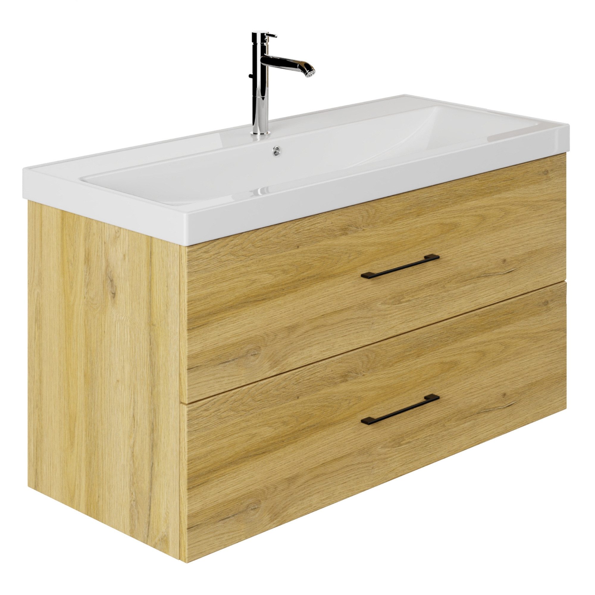 Karen Waschtisch-Set Waschtisch mit Unterschrank Verona, (Komplett-Set, Standartmäßig 2-Teilig (Unterschrank, Waschbecken), 2-St., Der Lieferumfang umfasst Unterschrank und Waschbecken), Holzfurnier, Bügelgriffe, Natürliches Design, Softclose