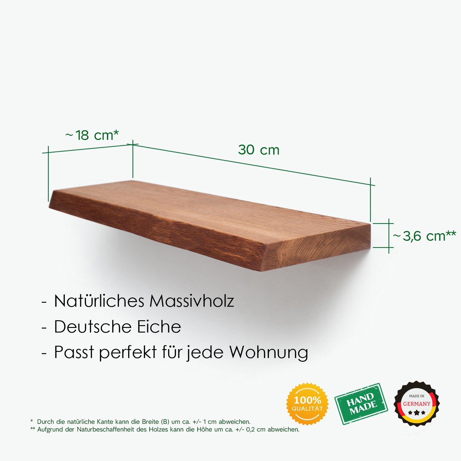 Wandregal Rikmani in Handgefertigtes Rot Holz Regal Germany Made - LEO, Baumkante mit massiv Eiche