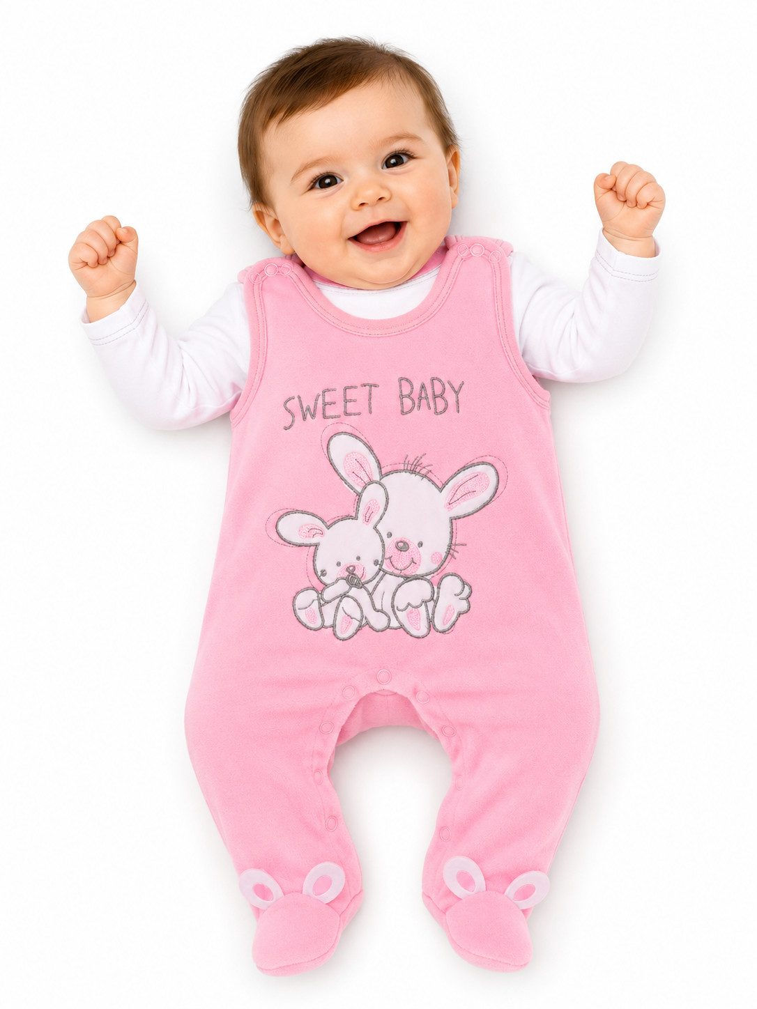 La Bortini Strampler Stramplerhose aus Velours und Shirt Baby Anzug in Rosa mit Hasen weich, warm in pink mit Häschen-Applikation, 44 50 56 62 68