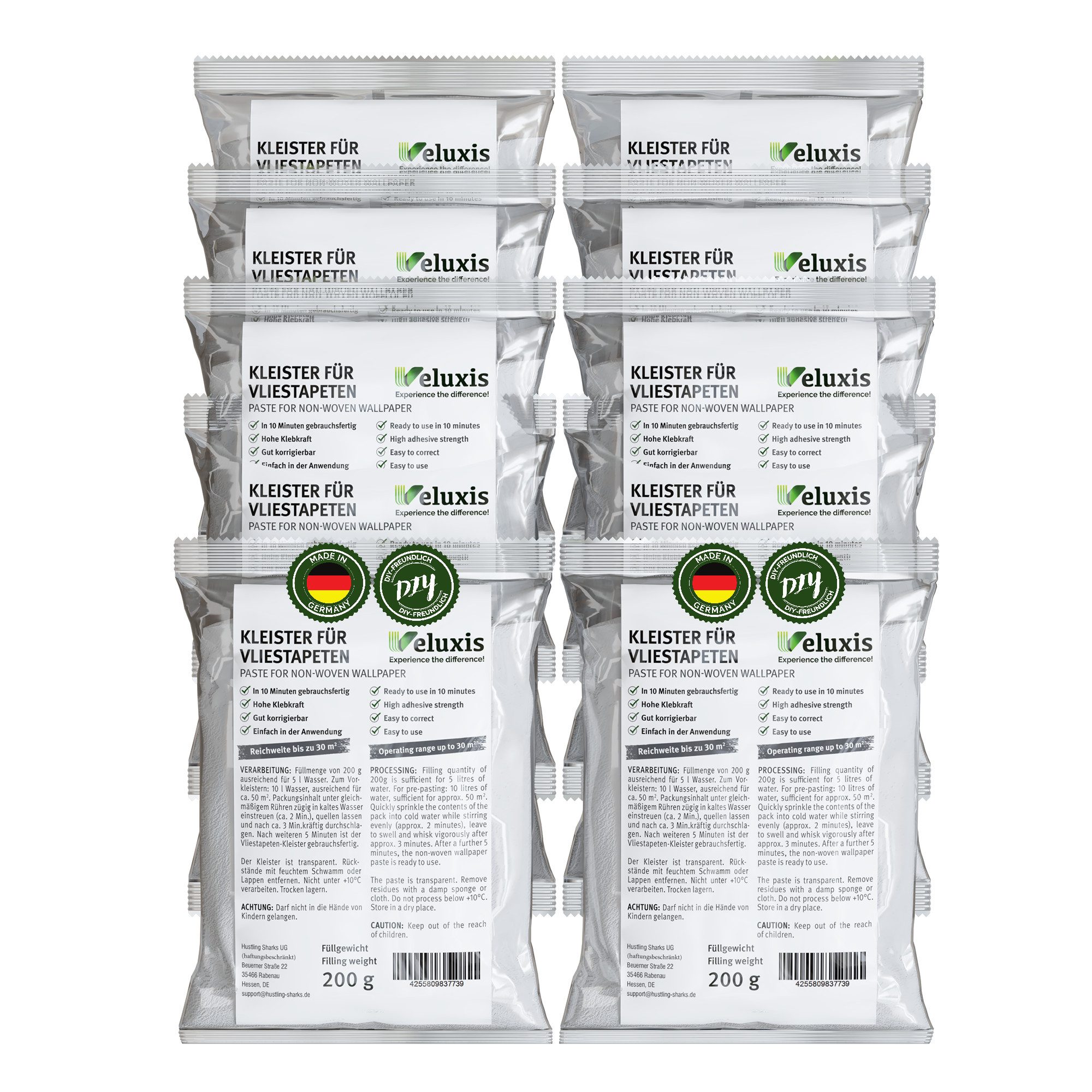 Veluxis Kleister Veluxis® Vliestapetenkleister, (5-tlg), Starke Klebkraft, fleckenfrei & korrigierbar, 1 Beutel = 30 qm