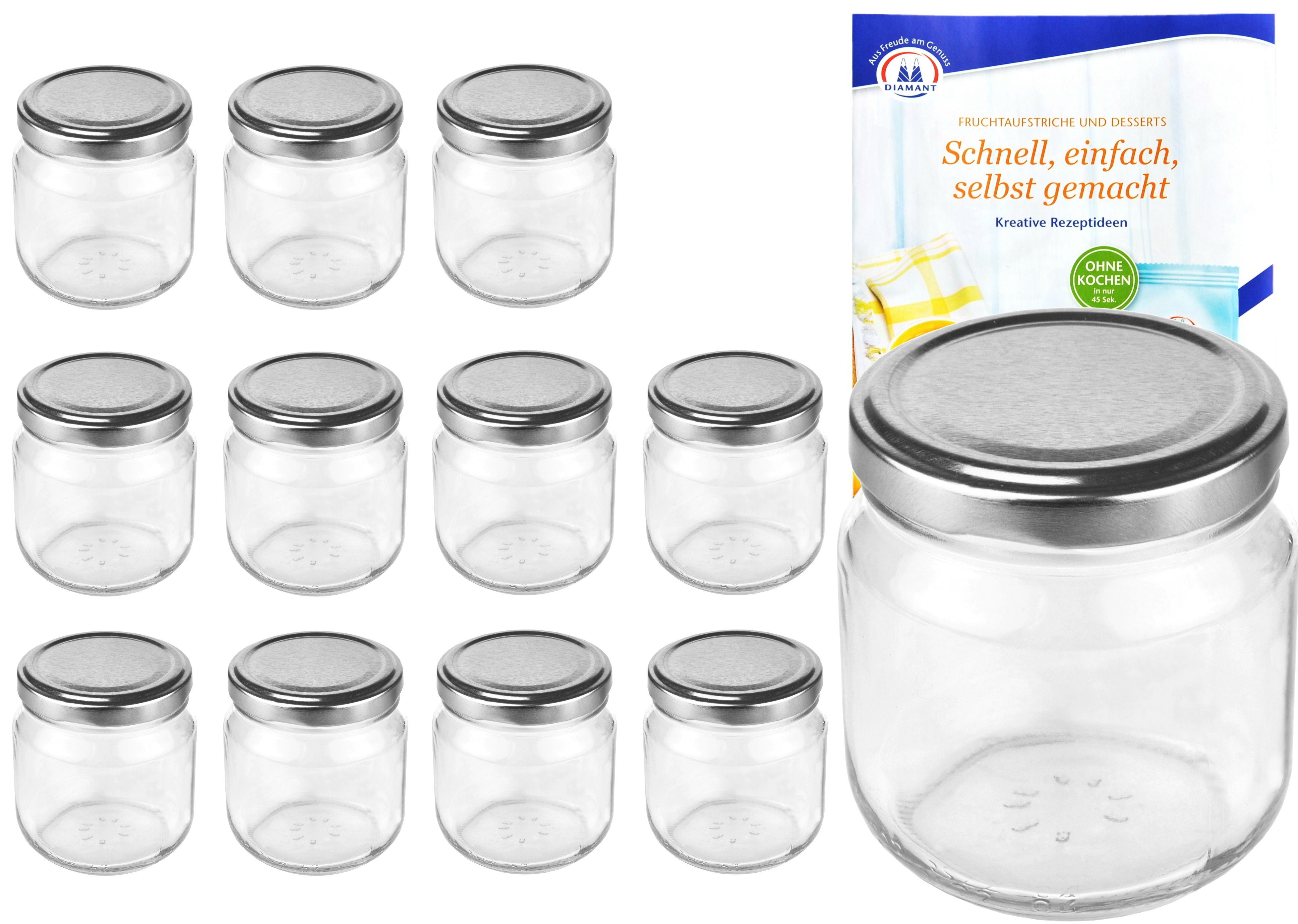 Einmachglas 12er Set Rundglas 212 ml nieder To 66 silberner Deckel incl Rezeptheft