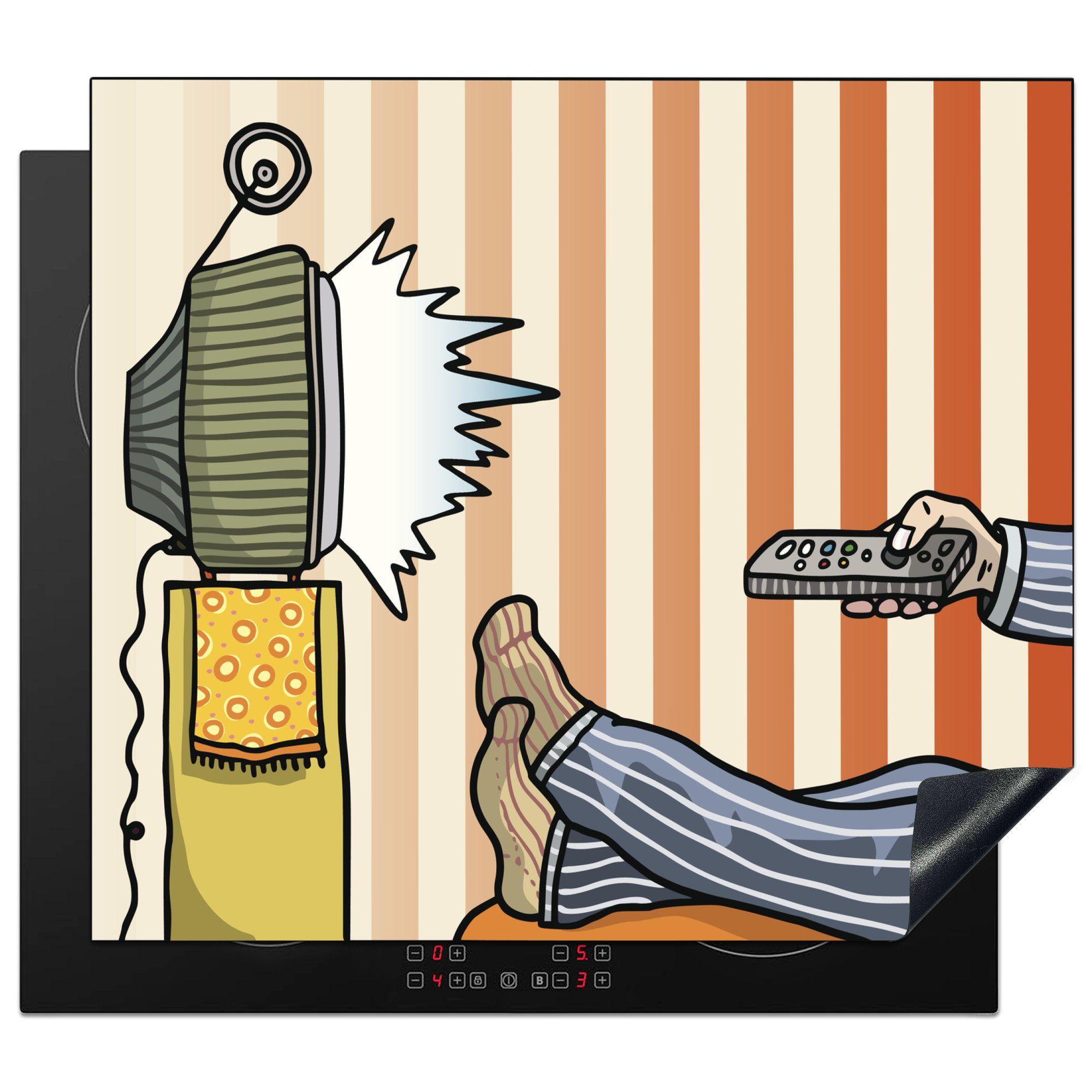 MuchoWow Herdblende-/Abdeckplatte Eine Illustration einer Person, die fernsieht, Vinyl, (1 tlg), 60x52 cm, Mobile Arbeitsfläche nutzbar, Ceranfeldabdeckung