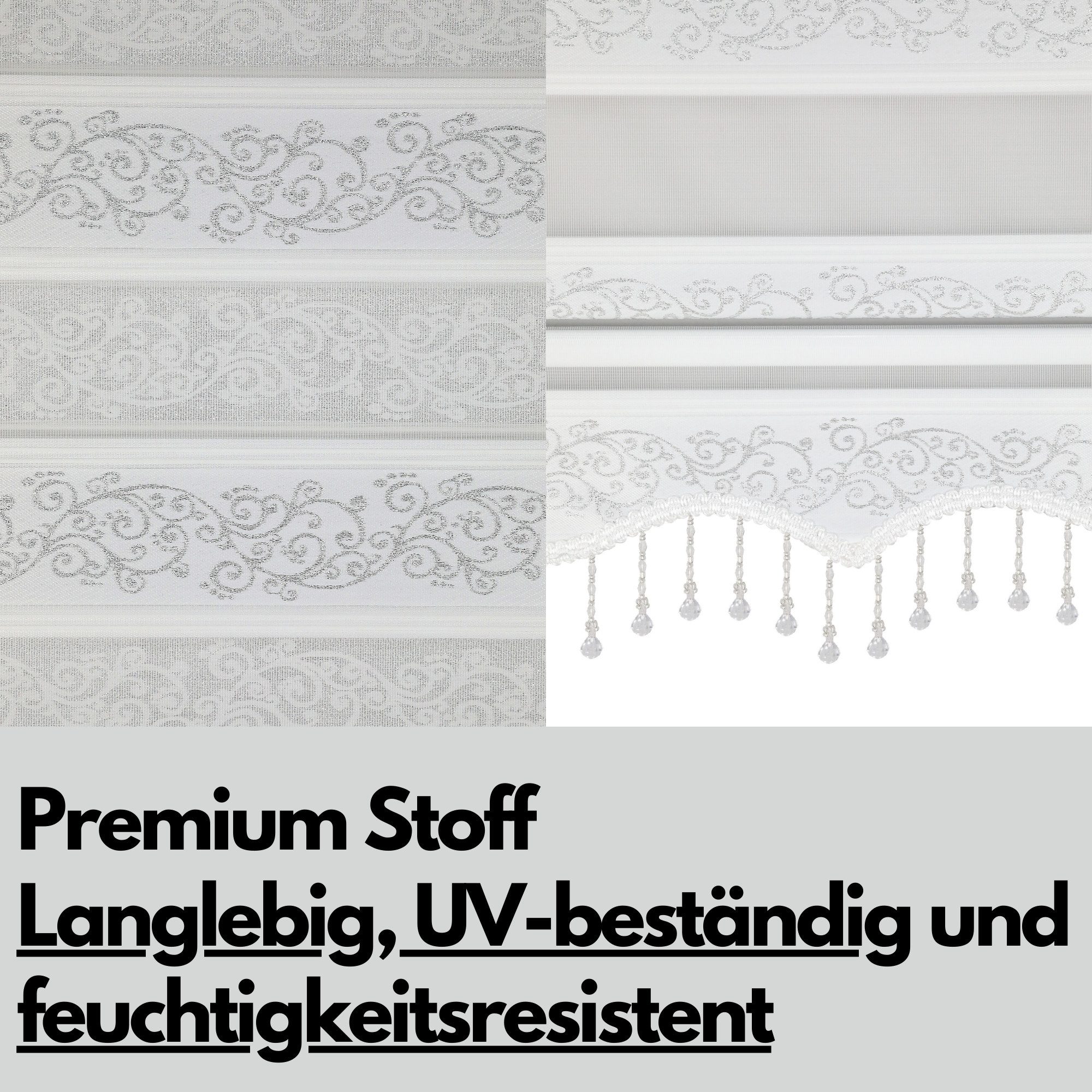 Doppelrollo Doppelrollo Duorollo Klemmfix ohne Bohren 1533 mit Perlen, Plisseeonline, blickdicht, Klemmfix Montage am Fensterrahmen, Freihängend, Klemmfix, Motiv, Weiß, Grau, Gold, Schwarz