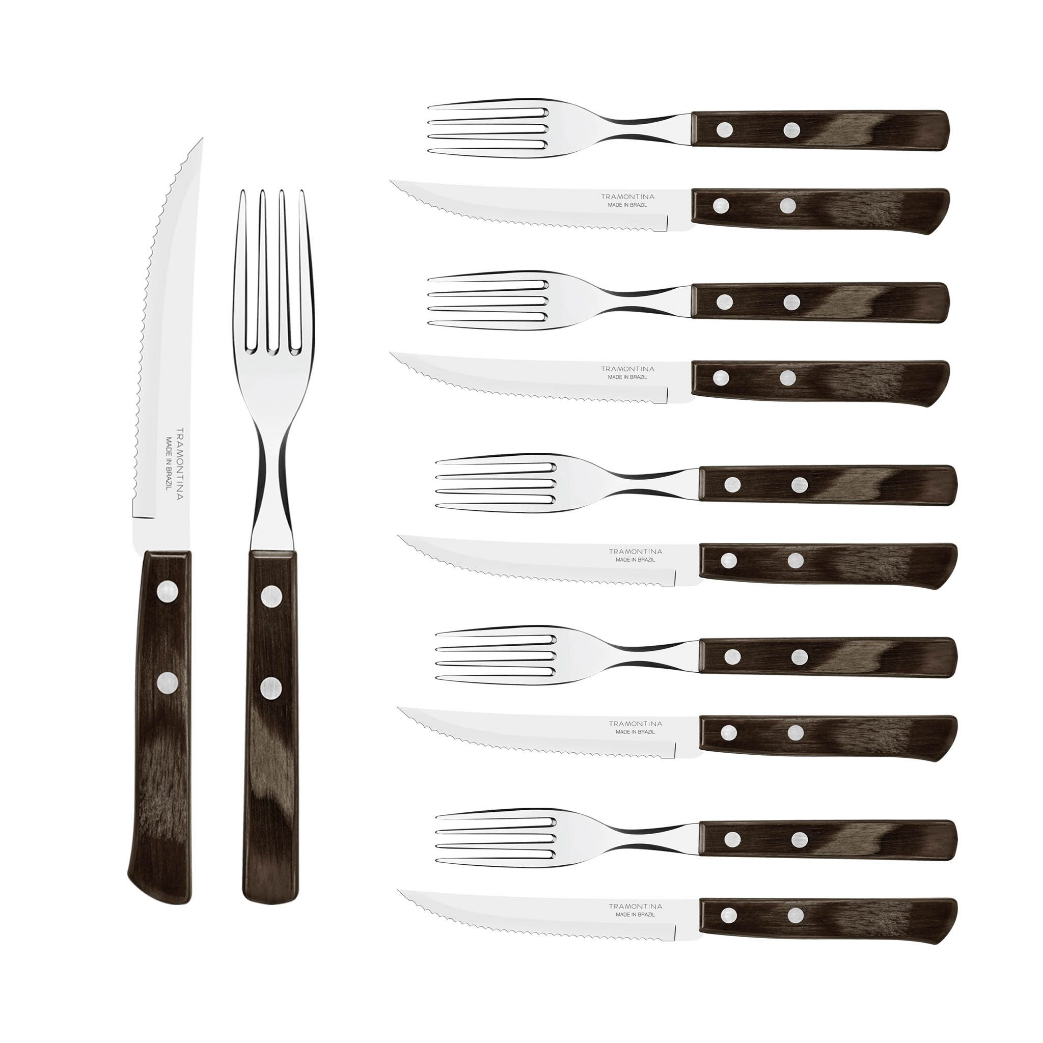 Tramontina Steakbesteck Pizzabesteck, 12-tlg. Set - mit FSC Holzgriff (12-tlg), 6 Personen, Edelstahl, scharfe Klinge, FSC Echtholzgriffe, spülmaschinenfest