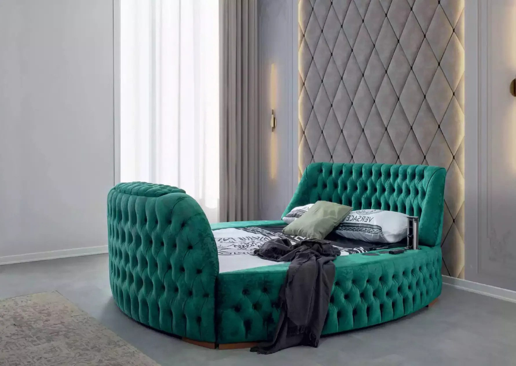 Xlmoebel Rundbett Chesterfield Rundbett in elegantem Grün mit Liftmechanismus (Ohne Matratze, 1-tlg., Bett + Matratze), Hergestellt in Europa