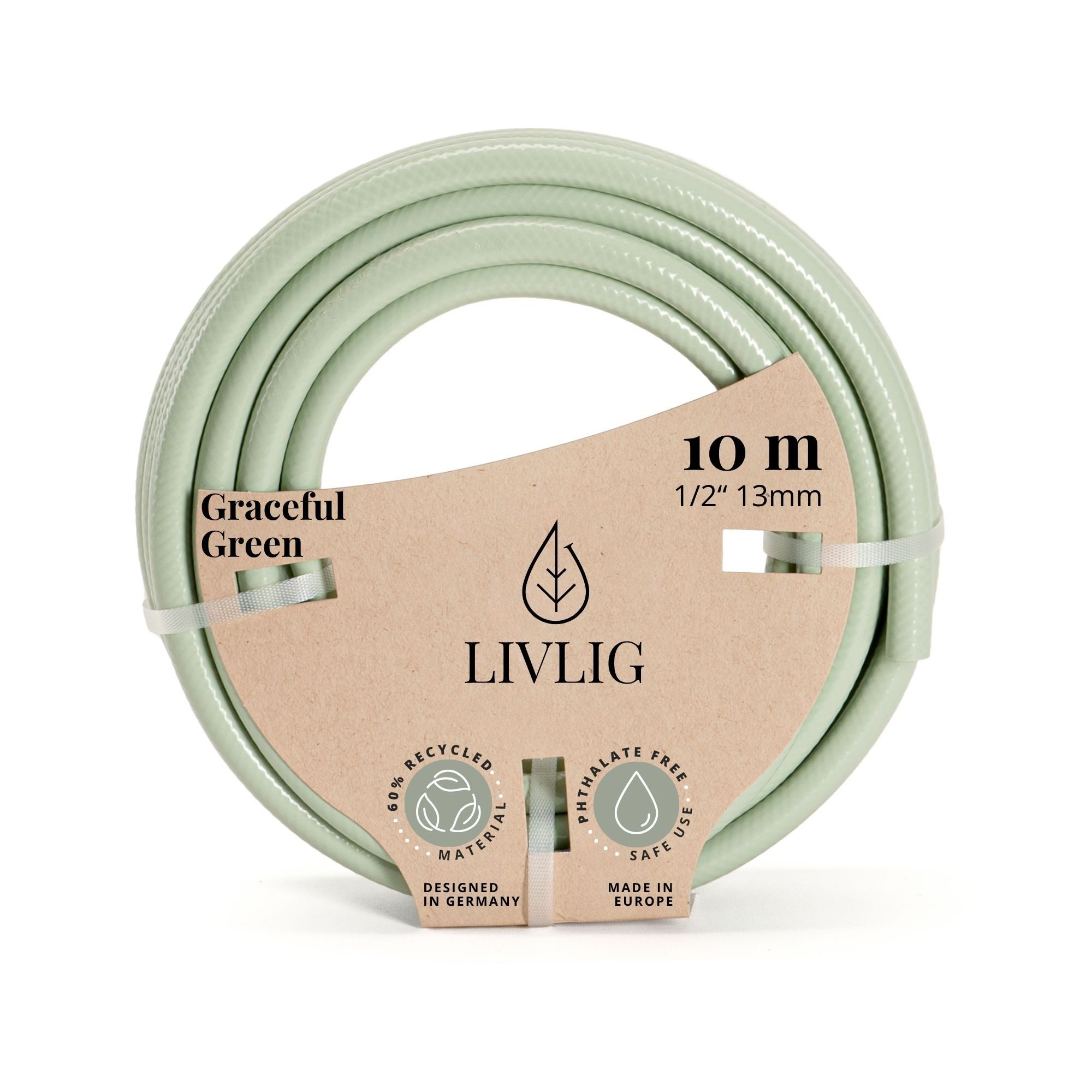 LIVLIG Gartenschlauch 1/2 Zoll, Schöner Gartenschlauch, Wasserschlauch 1/2 Zoll, Grün, Made in Europa, aus 60% recyceltem PVC