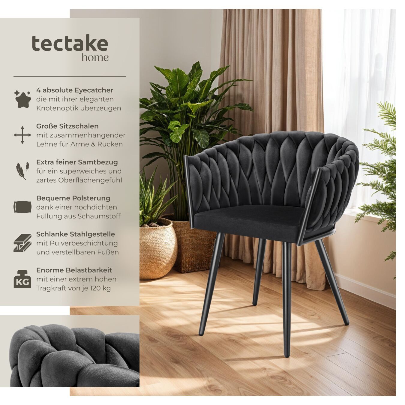 tectake Esszimmerstuhl Küchenstuhl Astano, Belastbarkeit 120 kg, schwarz (S günstig online kaufen