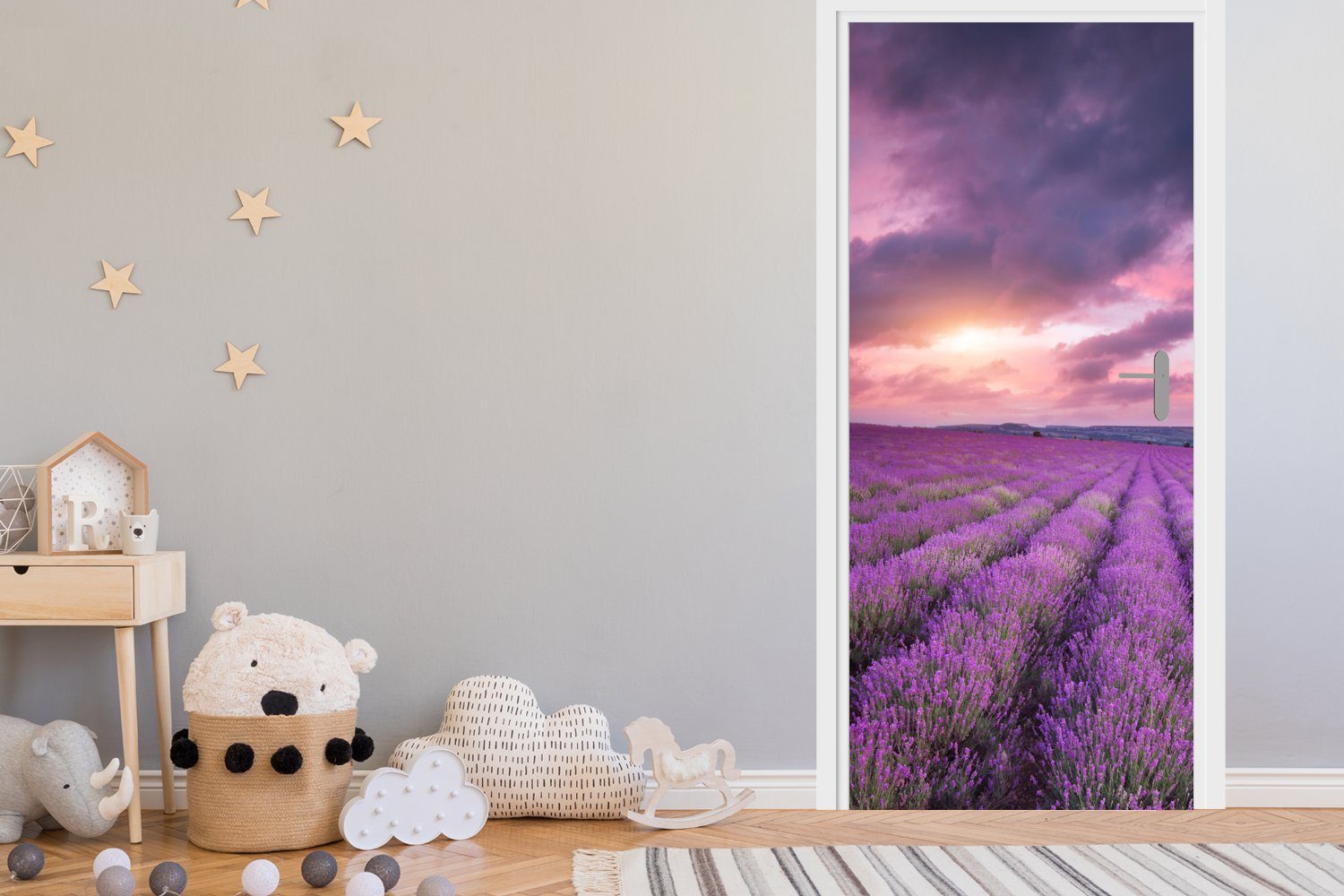 - Türtapete Lavendel - Tür, cm Fototapete MuchoWow Blumen, für Wolken - St), bedruckt, 75x205 Lila Türaufkleber, Matt, (1