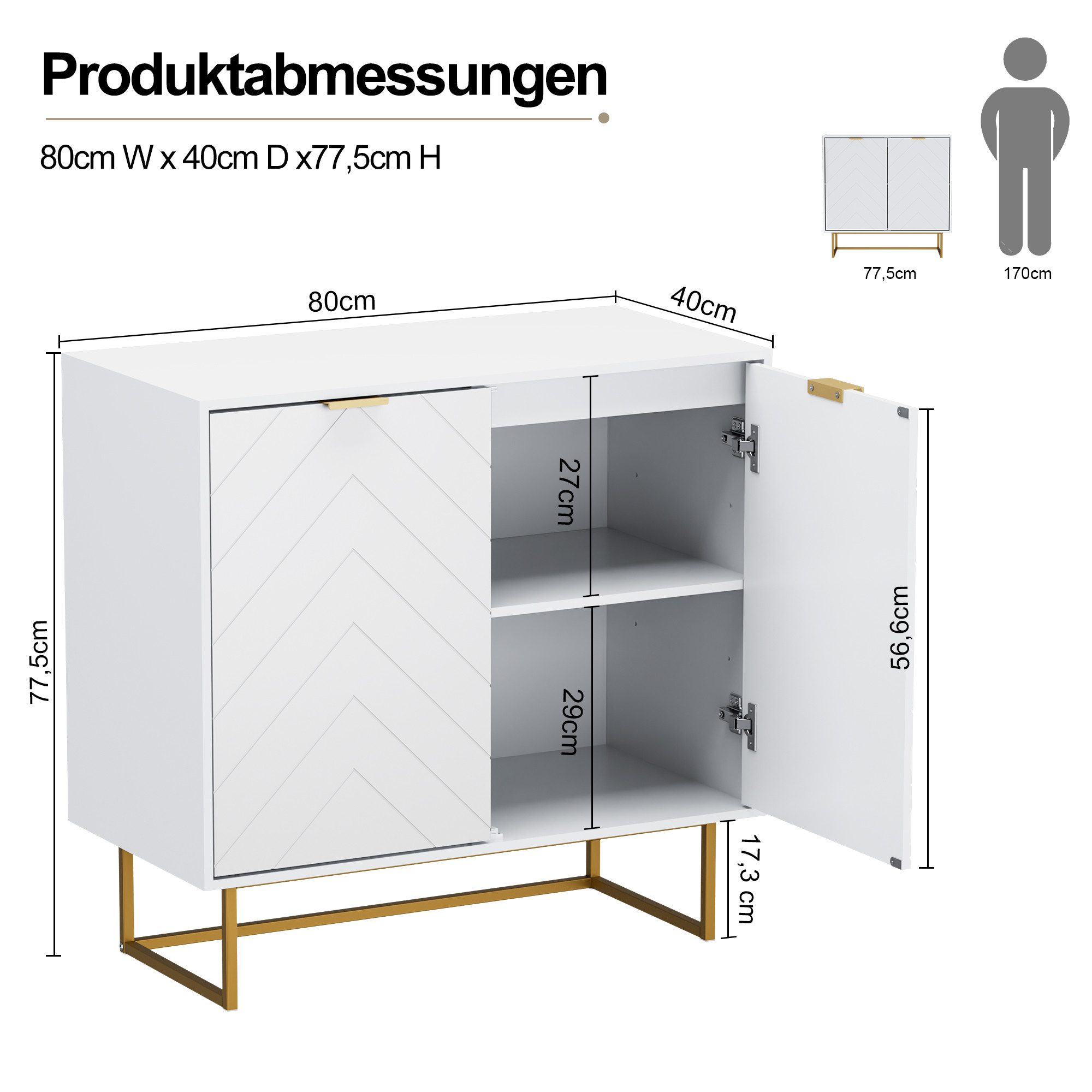 UEV Sideboard Kommode mit 2 Türen & Verstellbaren Ablagen & Metallfüße 80x40x77,5cm (mit Kippschutz), Küchenschrank Mehrzweckschrank für Flur Wohnzimmer Schlafz – Bild 3 von 5