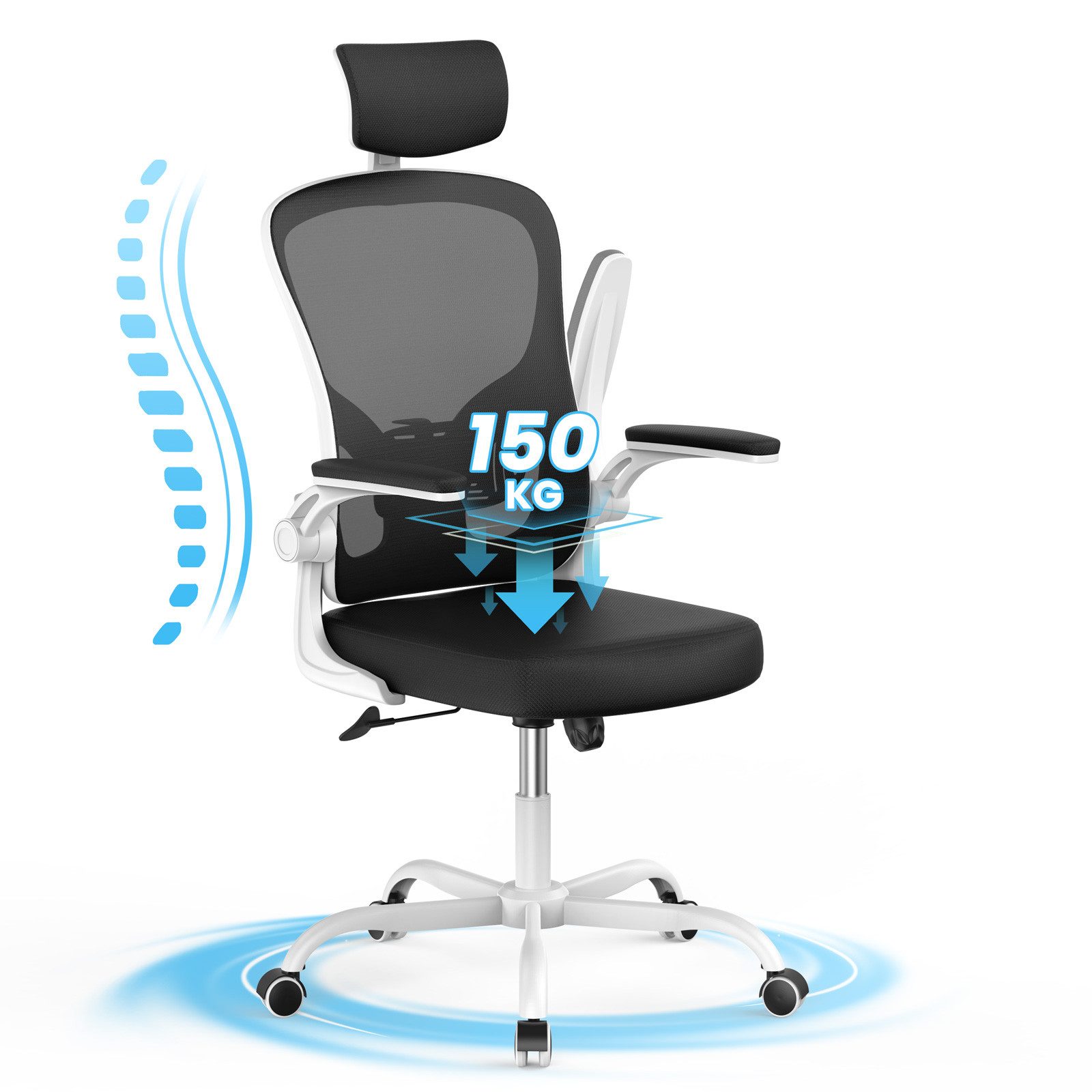 Gywowken Drehstuhl - Ergonomisch Bürostuhl - Schreibtischstuhl mit 120° Wippfunktion, - Verstellbare Kopfstütze - Armstütze und Höhen - Bis 150kg