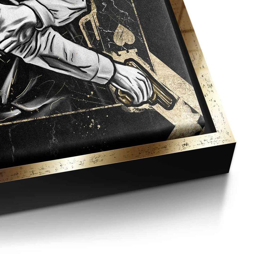 Wandbild Premium KING Leinwandbild, - DOTCOMCANVAS® schwarz gold weißer Rahmen GANGSTER Popart Cartoon