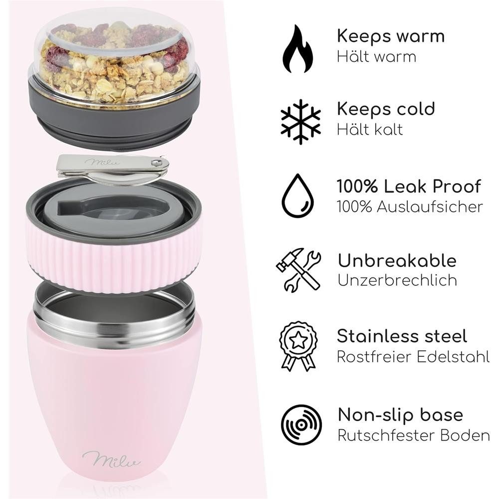 Milu Müslibox Müslibecher to go, isolierter Edelstahl Joghurtbecher für Müsli, rosa
