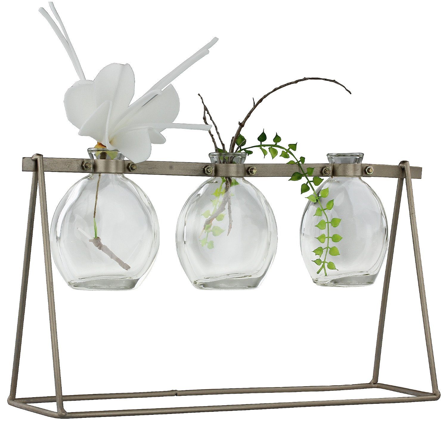 Macosa Home Tischvase, Design Glas-Vasen klar 3 STK. im Metall-Ständer Silber Moderne Tischvasen Tisch-Dekoration Blumenvasen Metallgestell für Einzelblumen