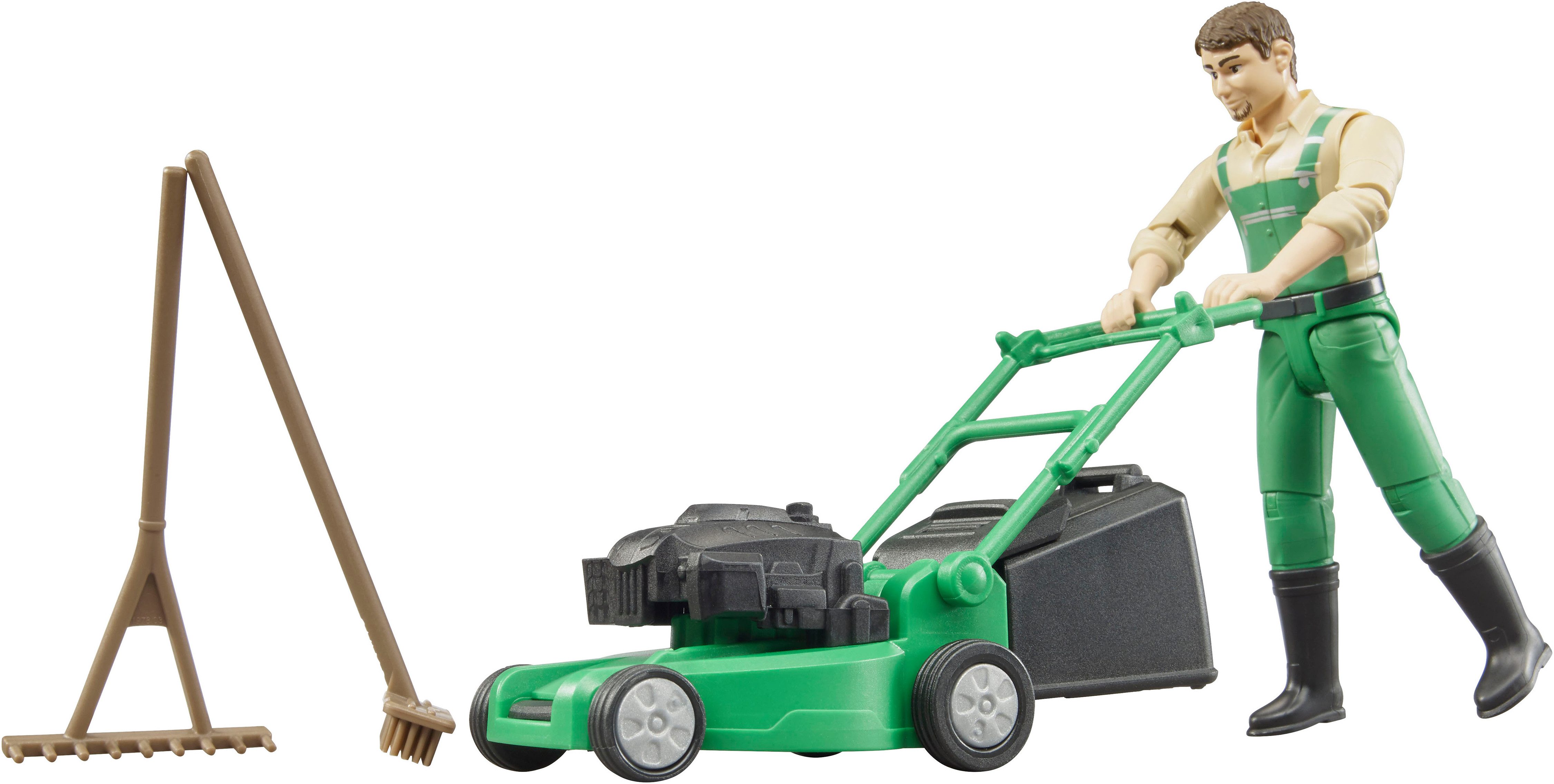 Bruder® Spielfigur bworld Gärtner mit Rasenmäher und Gartengeräten (62103), Made in Europe
