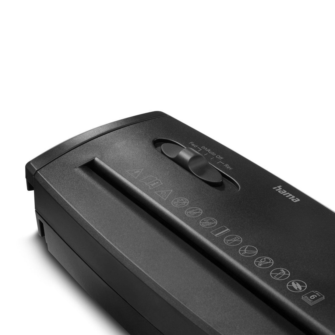 Hama Aktenvernichter Aktenvernichter Streifenschnitt (Papier + Plastik, 6 Blatt, P2), Aufsatz für Papierkorb, 6 mm Schnitzel, Automatik, Rücklauf