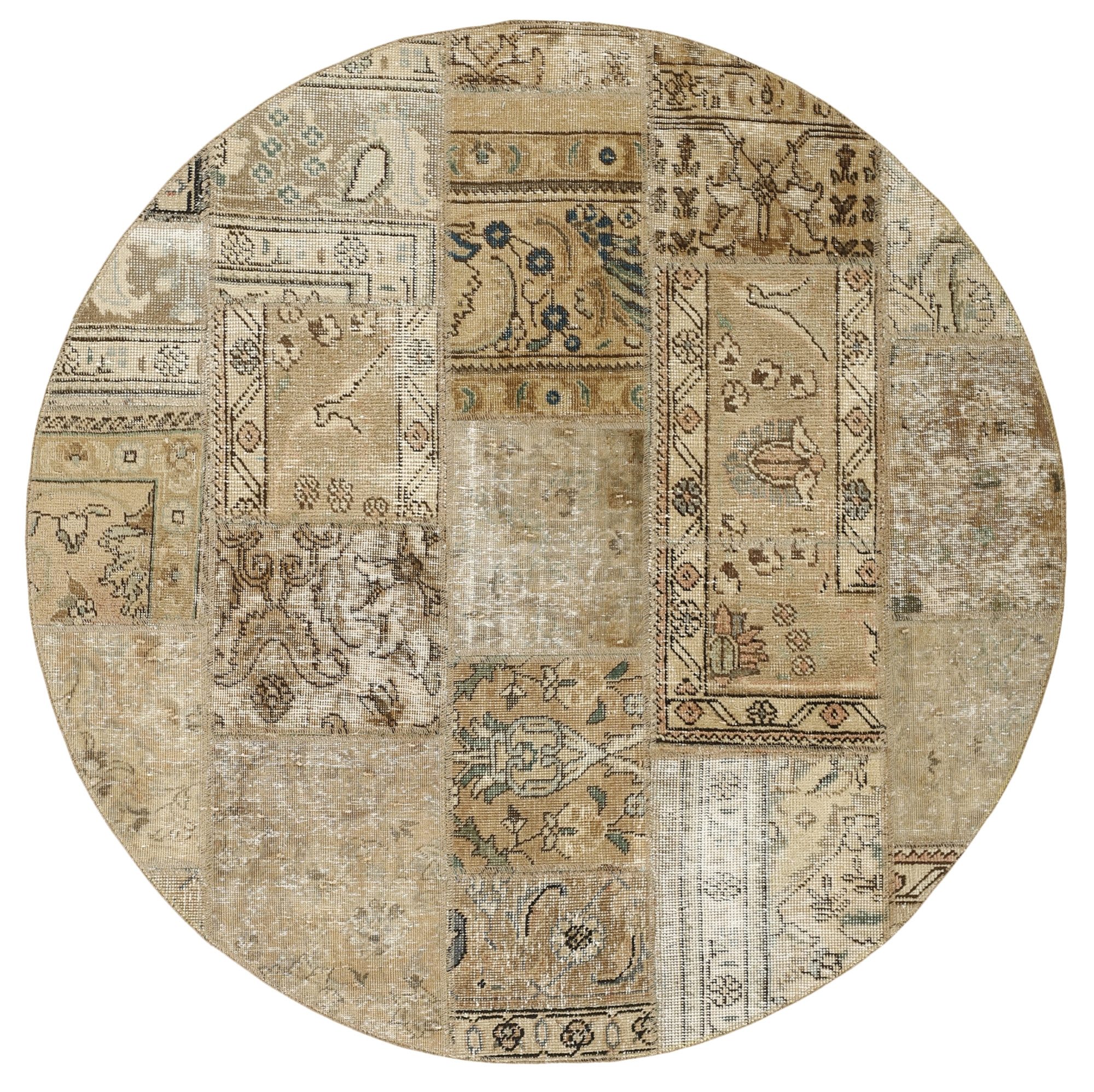 Wohnando Teppich MY-RUG Vintage Patch Work Floral & Ornamentiert 150x150cm, Rund, Höhe: 10 mm, Handgeknüpfter Teppich,Handgesponnene Wolle, mit Naturfarben gegärbt
