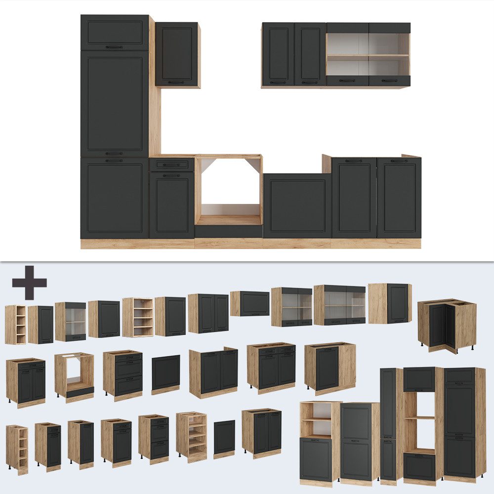 Vicco Küchenzeile R-Line, Anthrazit Landhaus/Goldkraft Eiche, 300 cm, AP Anthrazit