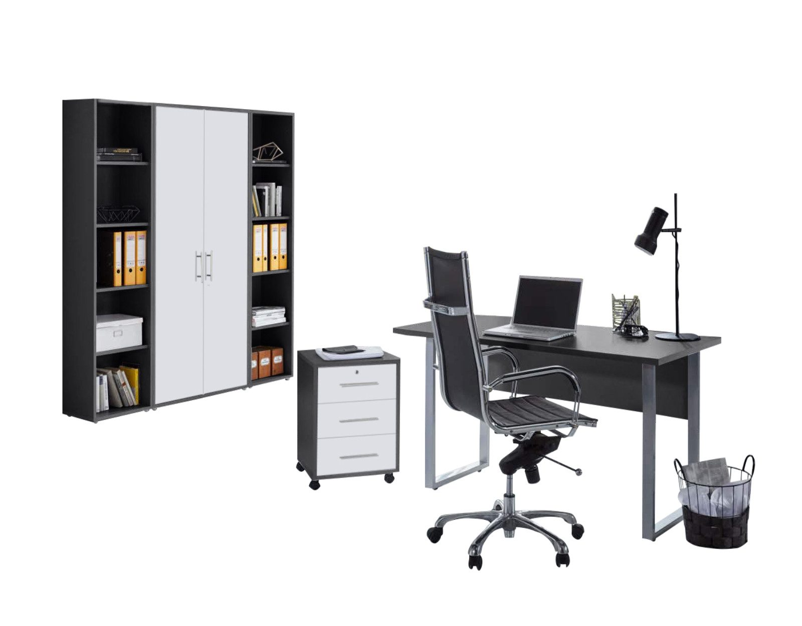 BMG Möbel Büromöbel-Set Office Edition Mini Set 3, (Spar-Set, 5-tlg., 5 teilig: Schreibtisch, Rollcontainer, Aktenschrank, 2 Aktenregalen), Büro-Set, abschließbar, viele Farbvarianten, Made in Germany