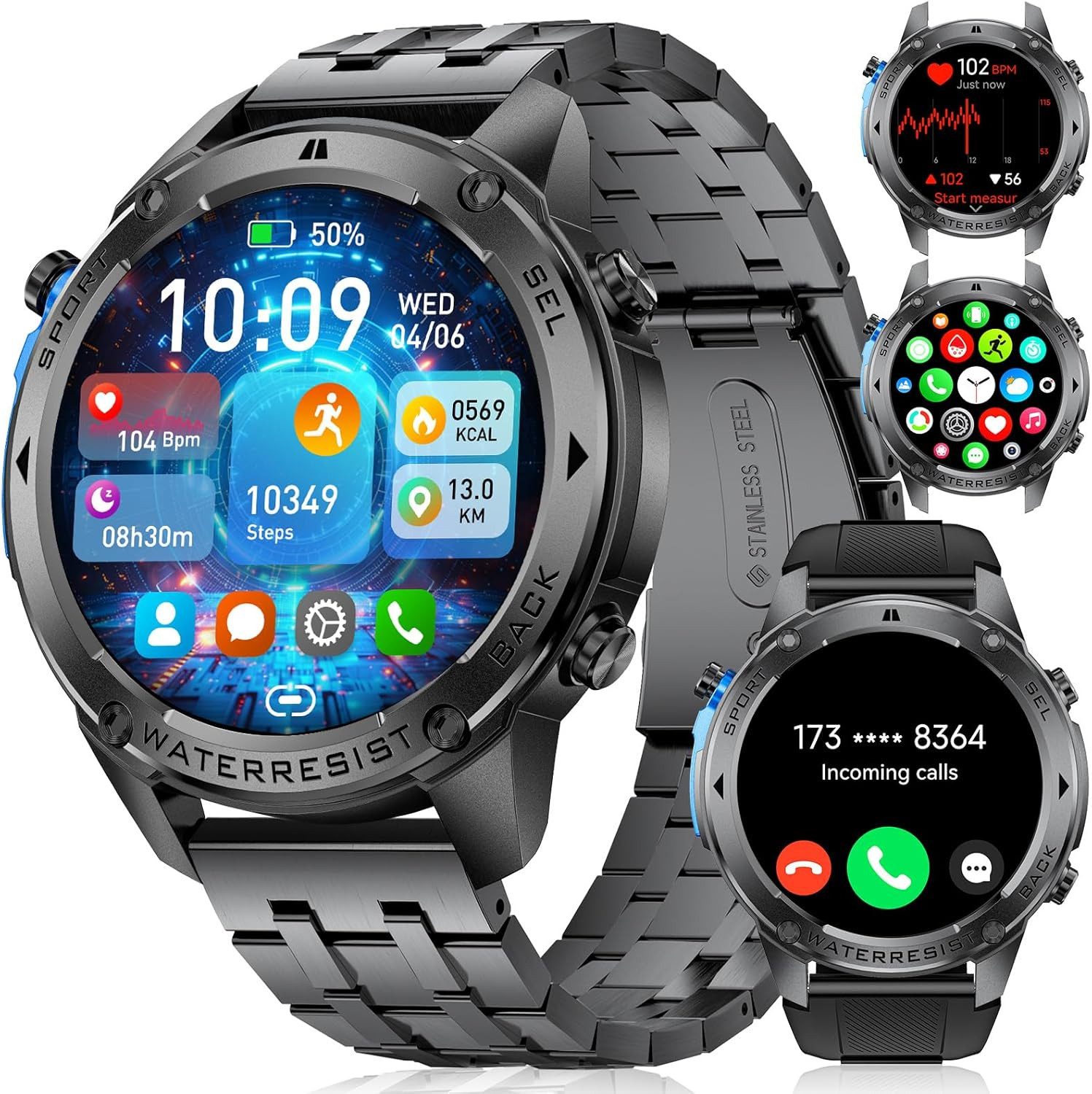 Lige DM2-I-E Smartwatch (3,6 cm, Android iOS), GPS-Smartwatch mit AMOLED Display, 170 Sportmodi, 2 Armbänder