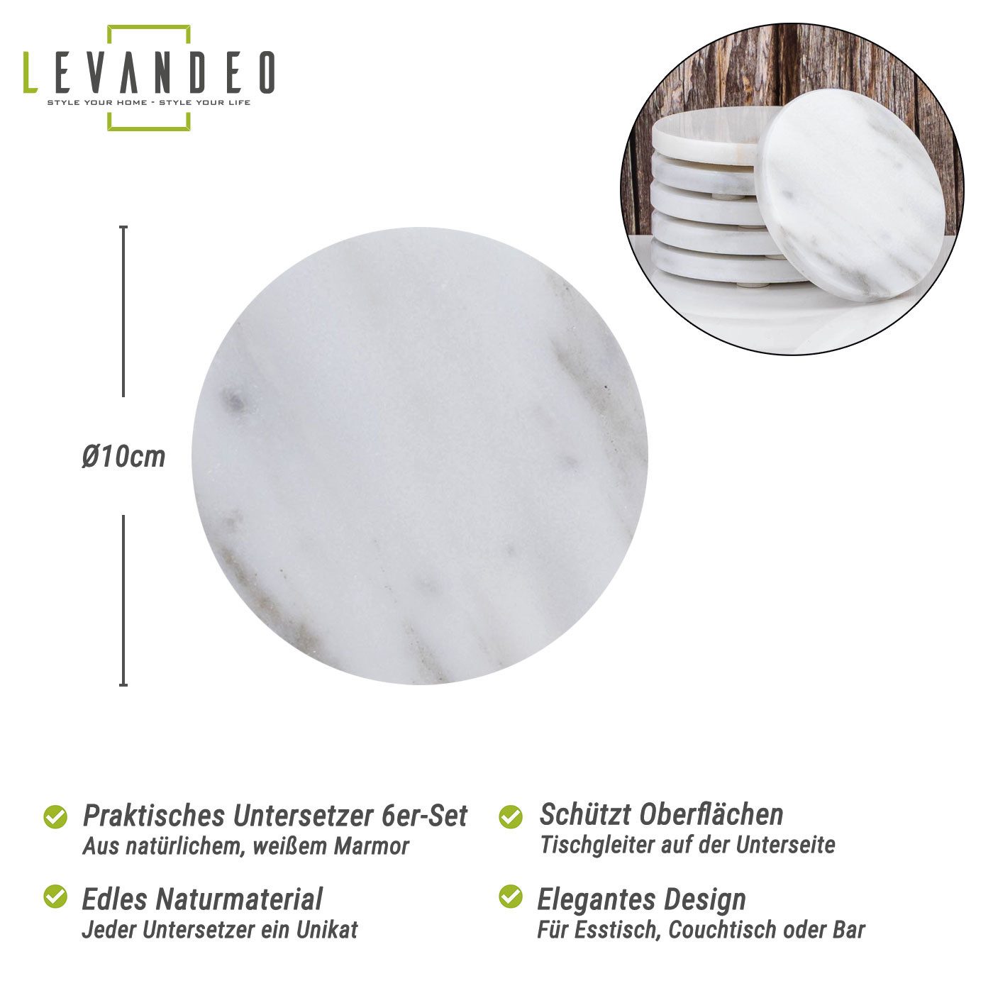Levandeo® Glasuntersetzer, 6er Set Glas Untersetzer 10cm rund Marmor Natur Küchendeko