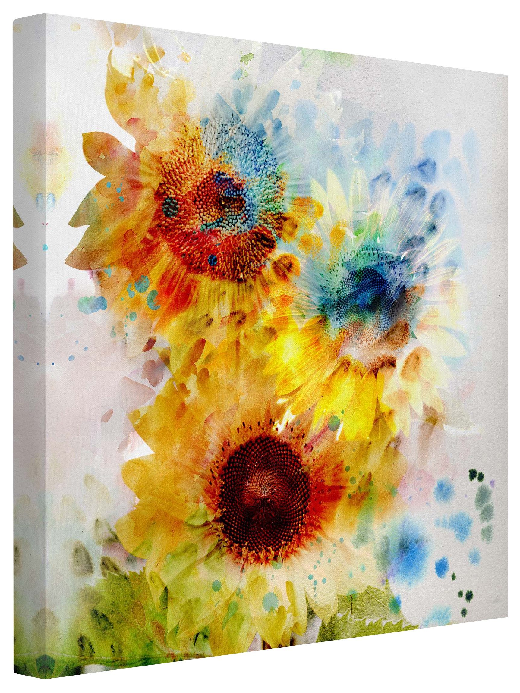 Bilderdepot24 Leinwandbild Blumen Natur Aquarell Blumen Sonnenblumen gelb Bild auf Leinwand XXL, Wohnzimmer Schlafzimmer Küche Flur Wandbild Kunstdruck Wanddeko Druck