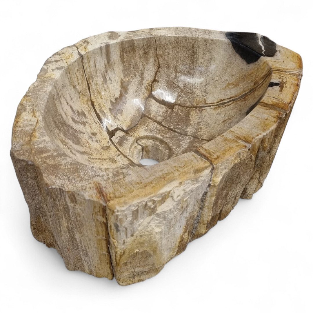 Kinaree Aufsatzwaschbecken Versteinertes Holz Waschbecken #42, poliert, schwarz, braun, Naturstein, Bruchstein Optik