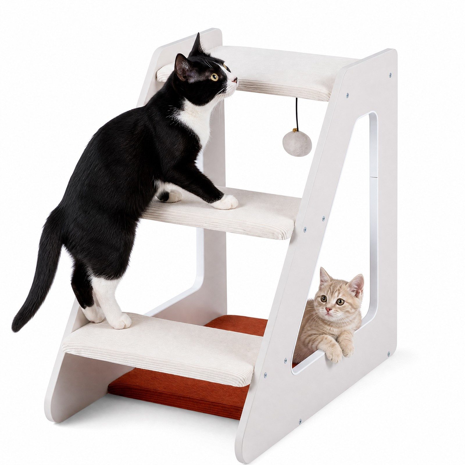 KOMFOTTEU Haustiertreppe Hundetreppe Katzentreppe 3 Stufen, mit Gepolsterte, Hängeball & Katzenloch