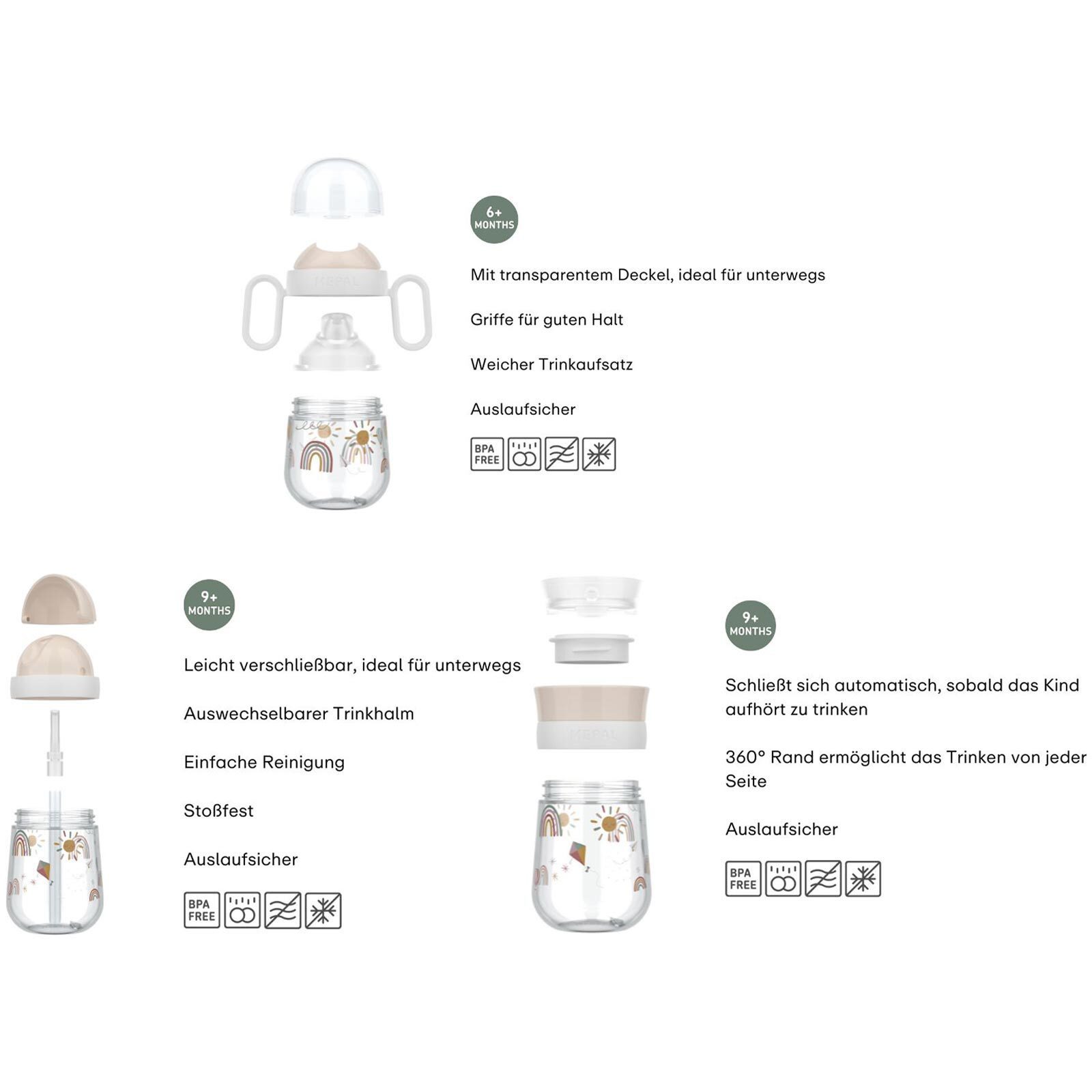 Mepal Kinderbecher Mio Trinklernbecher-Set 3er Set, 3-tlg., Polypropylen, Silikon, Tritan