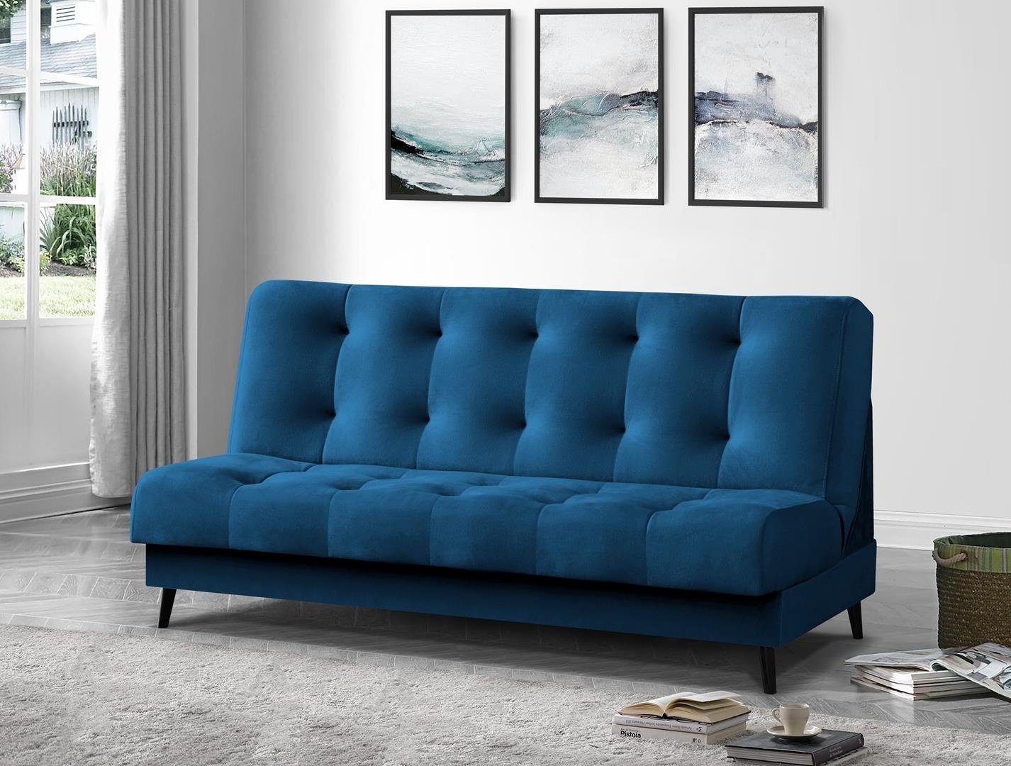 Beautysofa 3-Sitzer Nancy, Holzbeine, im und Wohnzimmersofa 195x116 Stil, Polstersofa 77) Wellenfedern, Waterrepellent Liegefläche: mit (monolith Marineblau Bettkasten, Skandinavischen cm, Schlaffunktion