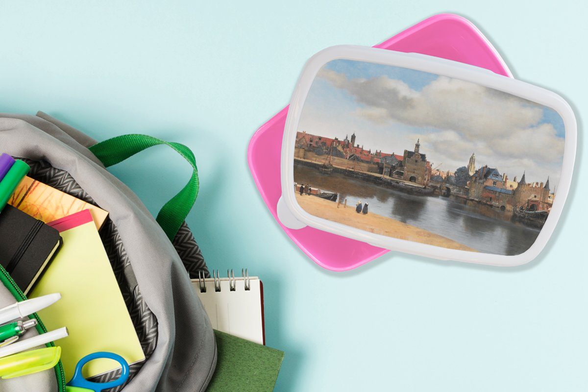 Lunchbox - - Brotdose Stadt Vermeer - Kinder, Snackbox, Kunst, MuchoWow für Mädchen, Meister Kunststoff Alte Erwachsene, Brotbox (2-tlg), Kunststoff, rosa
