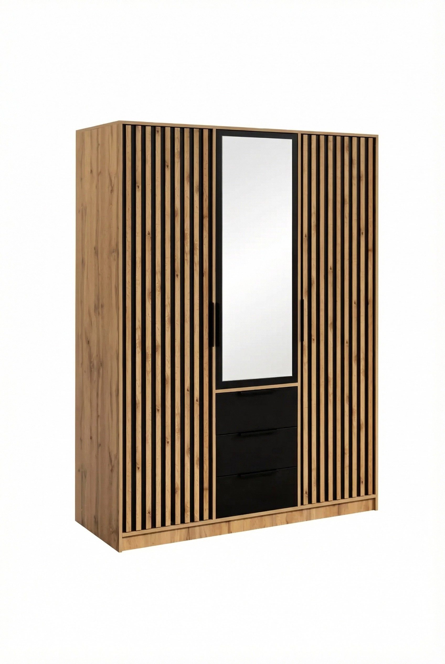 COMBO Schiebetürenschrank Kleiderschrank 3-türig 150x200x57cm Spiegel Wellington Eiche Schwarz Drehtürenschrank Lamellen 2 Kleiderstangen Schubladen Regalfächer