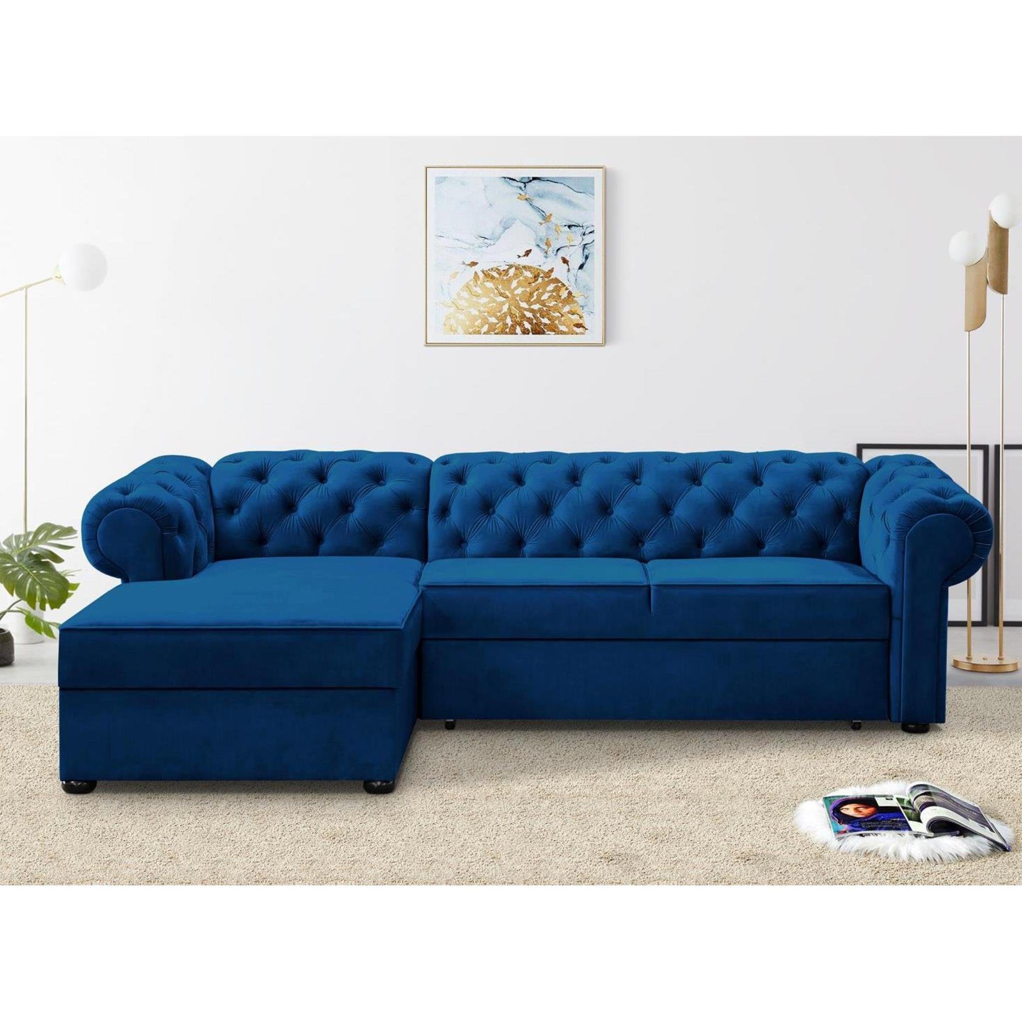 Beautysofa Polsterecke Chester, stilvoll Corner Sofa aus Velours, mit Relaxfunktion, mit Bettkasten Marineblau (kronos 09)