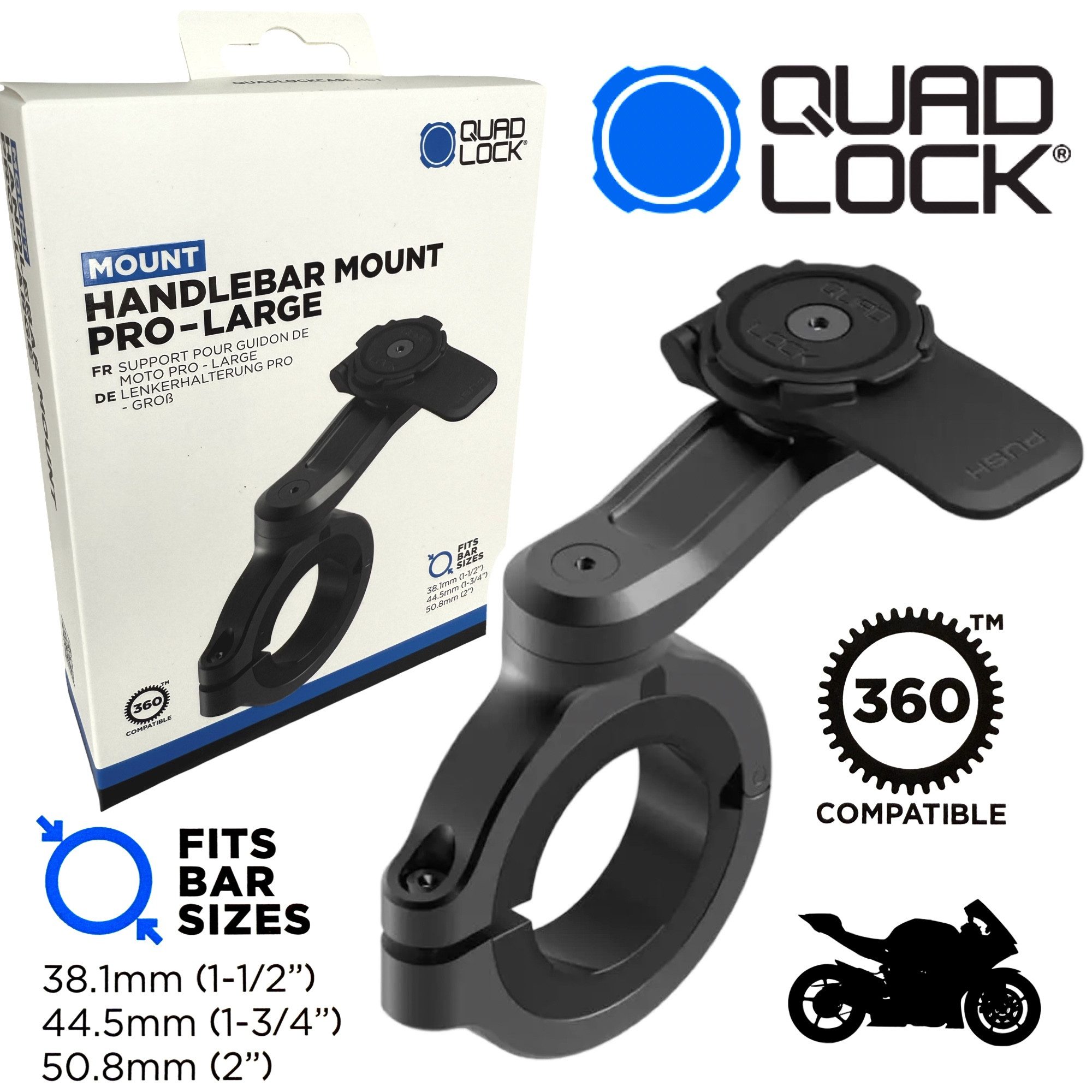 Quad Lock Handy-Halterung QUAD LOCK Motorrad Pro Lenkerhalterung Handy schwarz Groß Bware